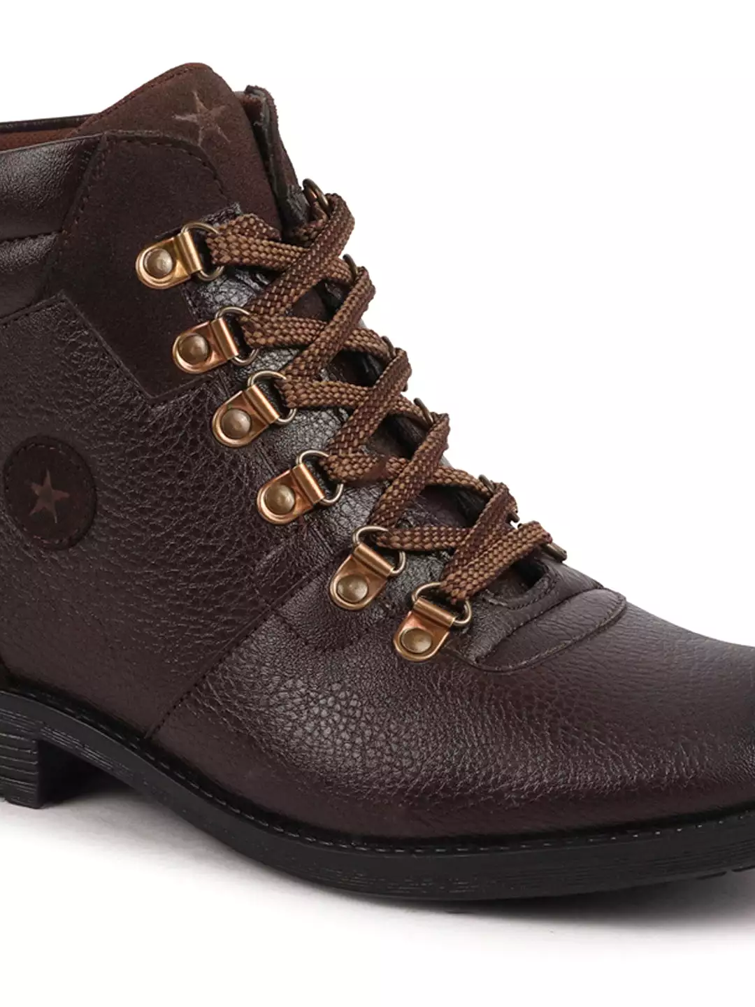 Men Brown Genuine Leather 6-Eye Metallic Lace Up Hook Classic High Ankle Boot For Trekking|Biking|Hiking