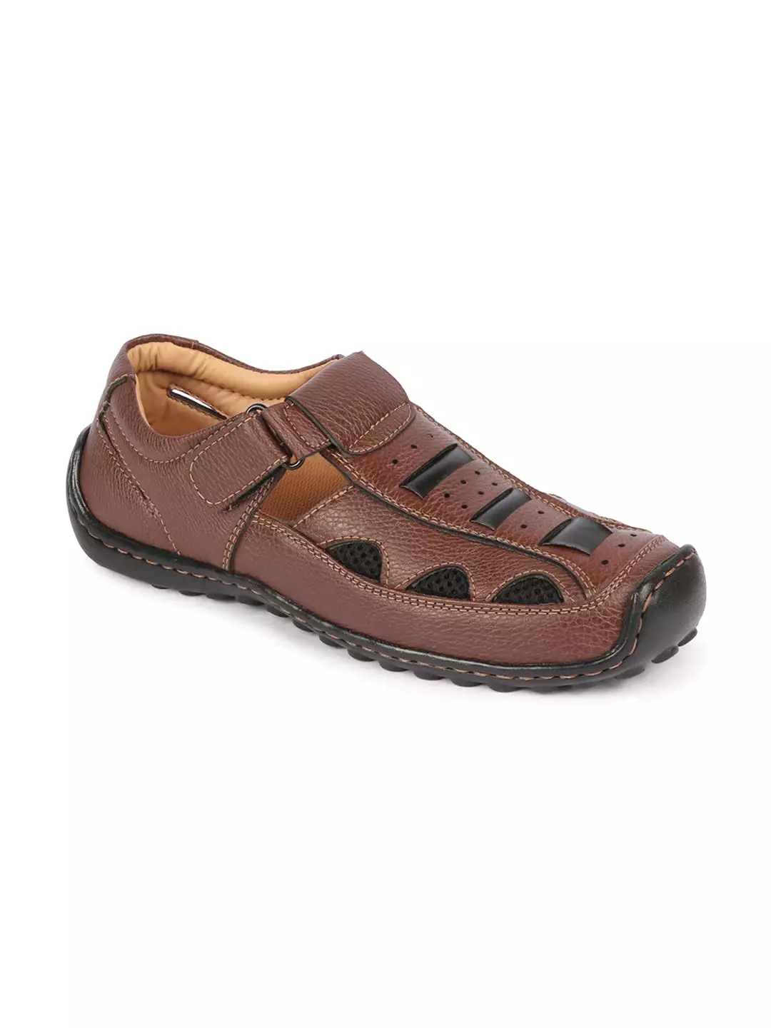 Men Brown Genuine Leather Breathable Comfort PU Pad Insole Hook and Loop Roman Sandals