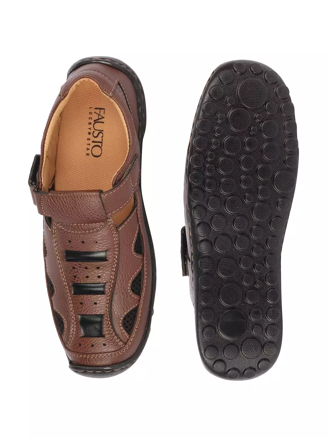 Men Brown Genuine Leather Breathable Comfort PU Pad Insole Hook and Loop Roman Sandals