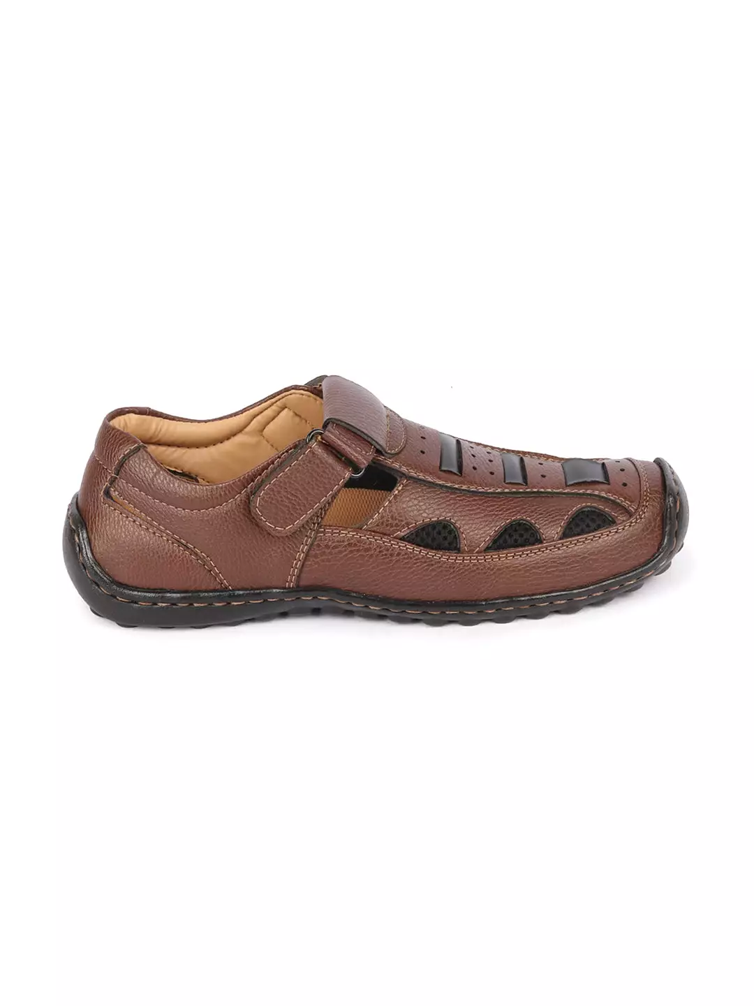 Men Brown Genuine Leather Breathable Comfort PU Pad Insole Hook and Loop Roman Sandals