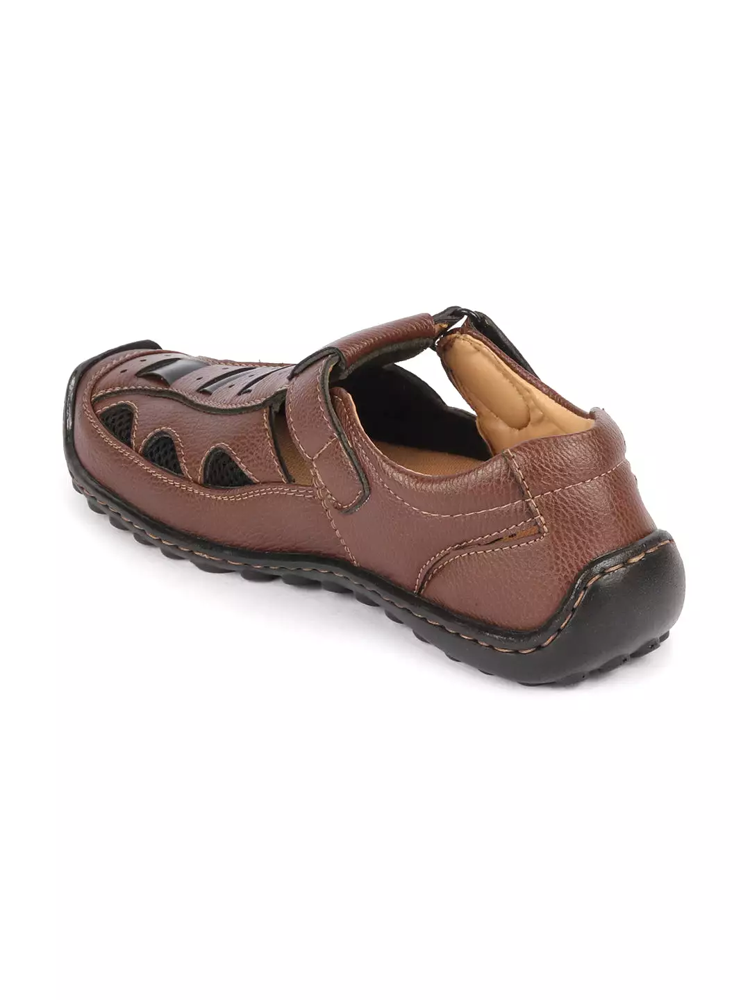 Men Brown Genuine Leather Breathable Comfort PU Pad Insole Hook and Loop Roman Sandals