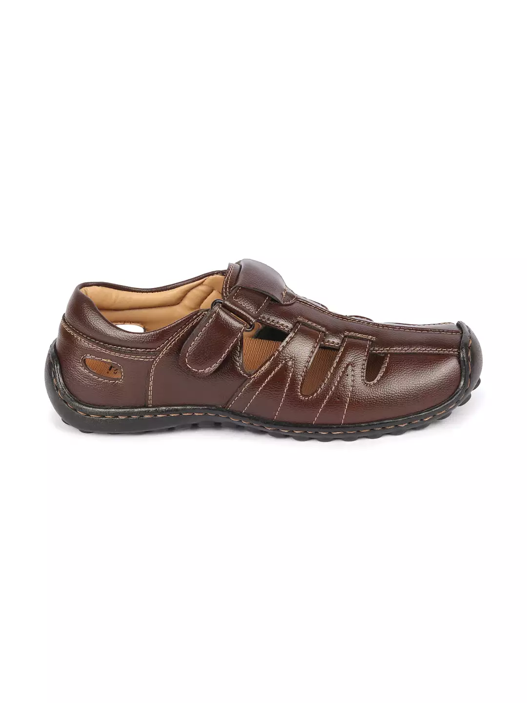 Men Brown Genuine Leather Laser Cut Design Comfort PU Pad Insole Hook and Loop Roman Sandals