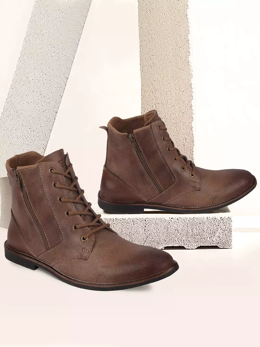 Men Brown High Ankle Lace Up Leather Zipper Boots