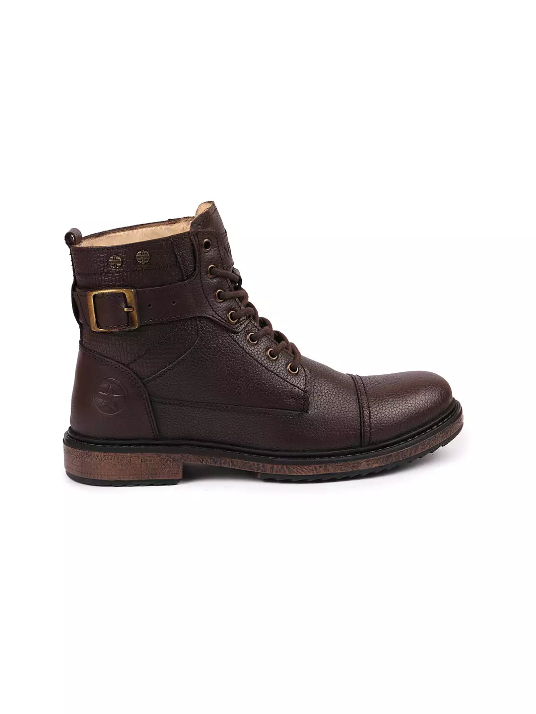 Men Brown High Top Genuine Leather 7-Eye Lace Up Buckle Strap Work Cap Toe Winter Flat Boots