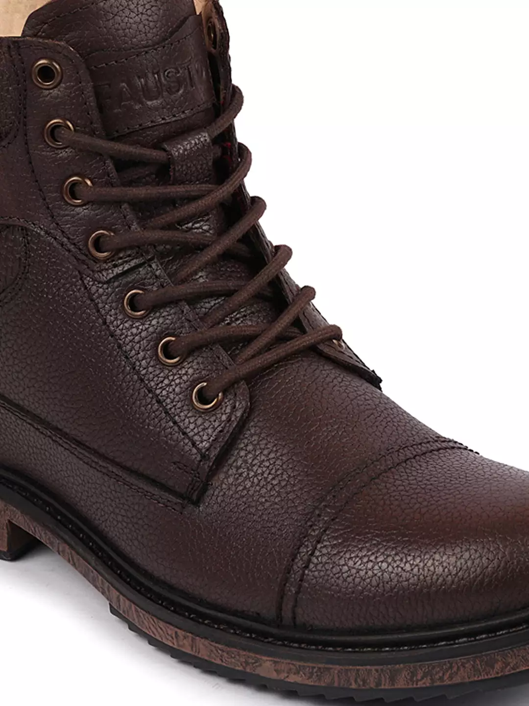 Men Brown High Top Genuine Leather 7-Eye Lace Up Buckle Strap Work Cap Toe Winter Flat Boots