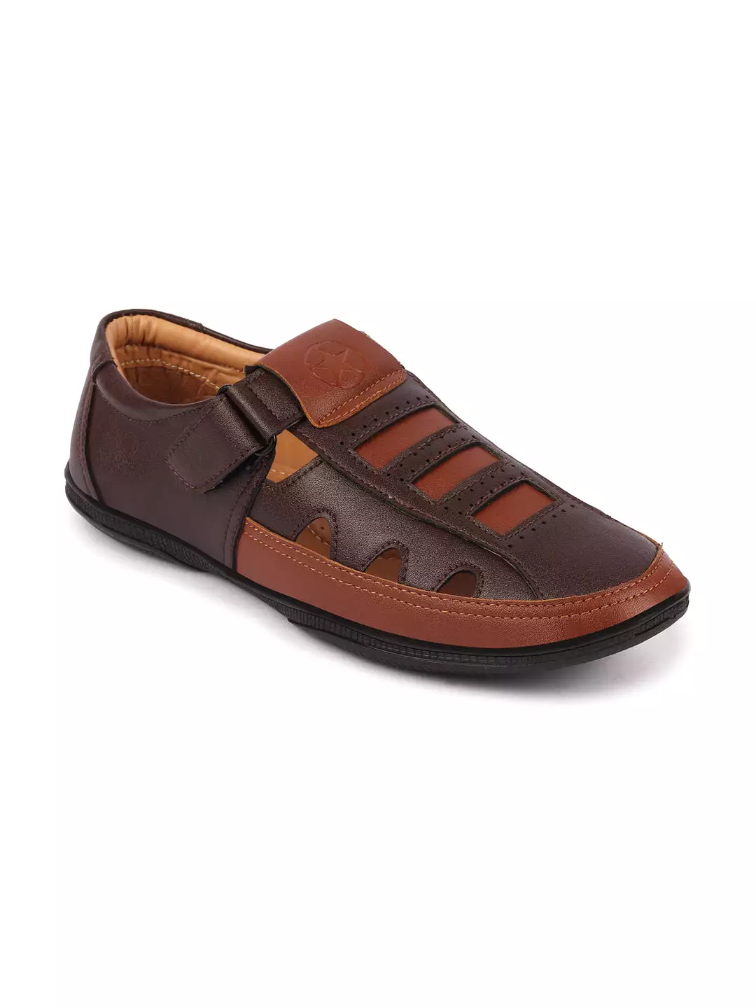 Men Brown Laser Cut Design Roman Sandal with Buckle Strap