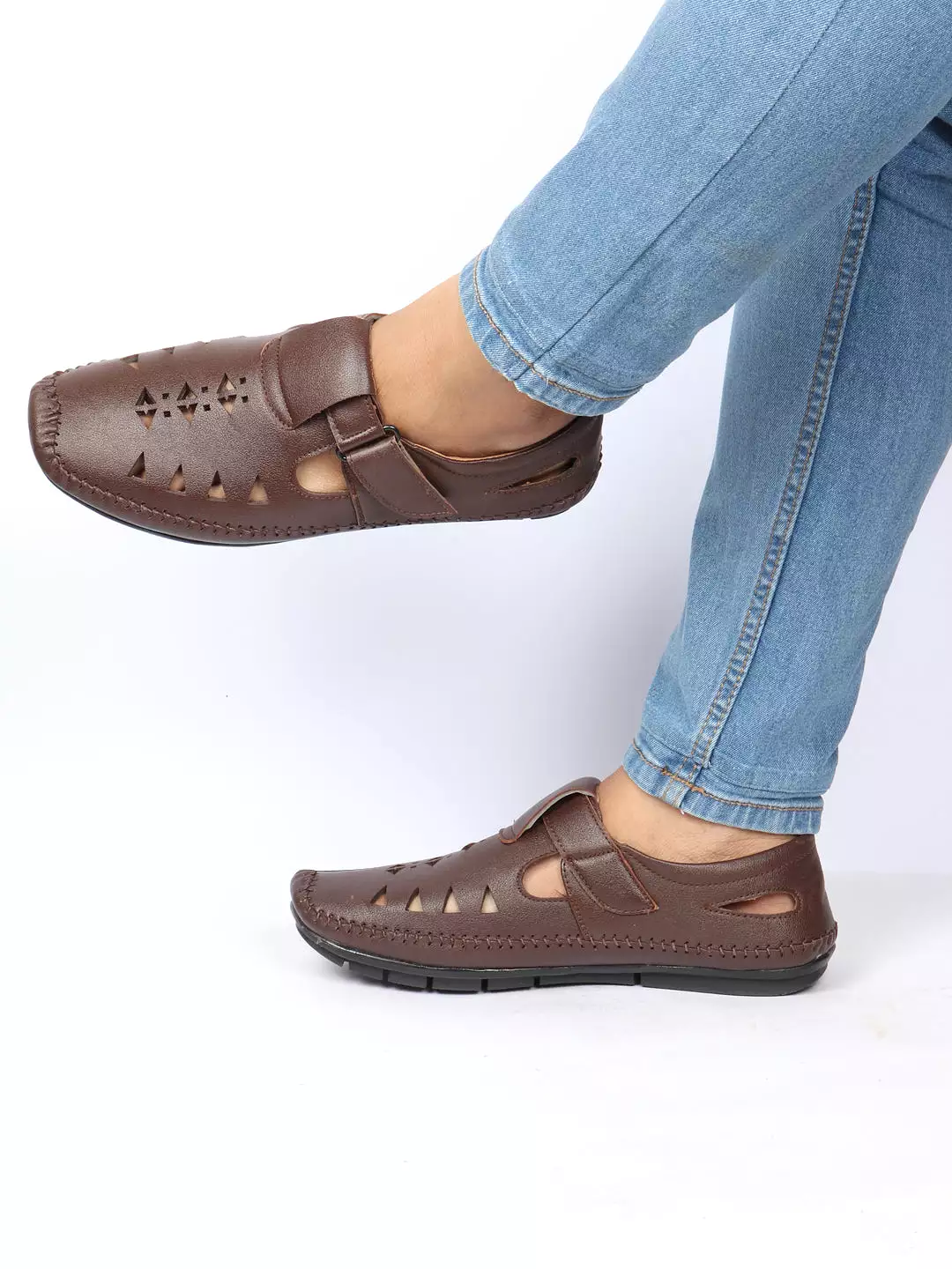 Men Brown Laser Cut Design Side Stitched Hook & Loop Driving Roman Sandals