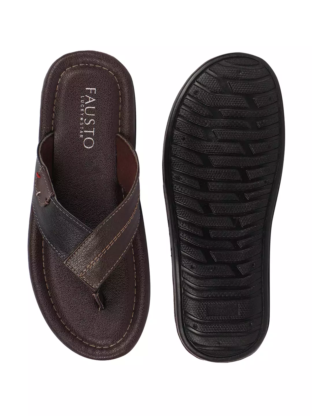 Men Brown Stitched Design Indoor Outdoor Thong Slipper Sandals