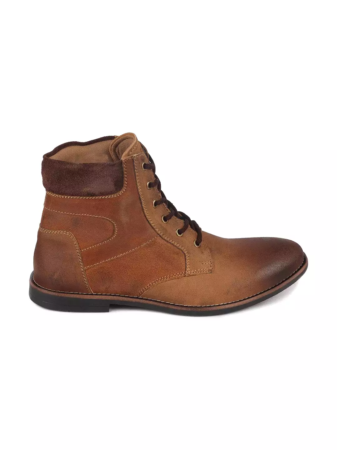 Men Tan Mid Top Lace Up Leather Boots