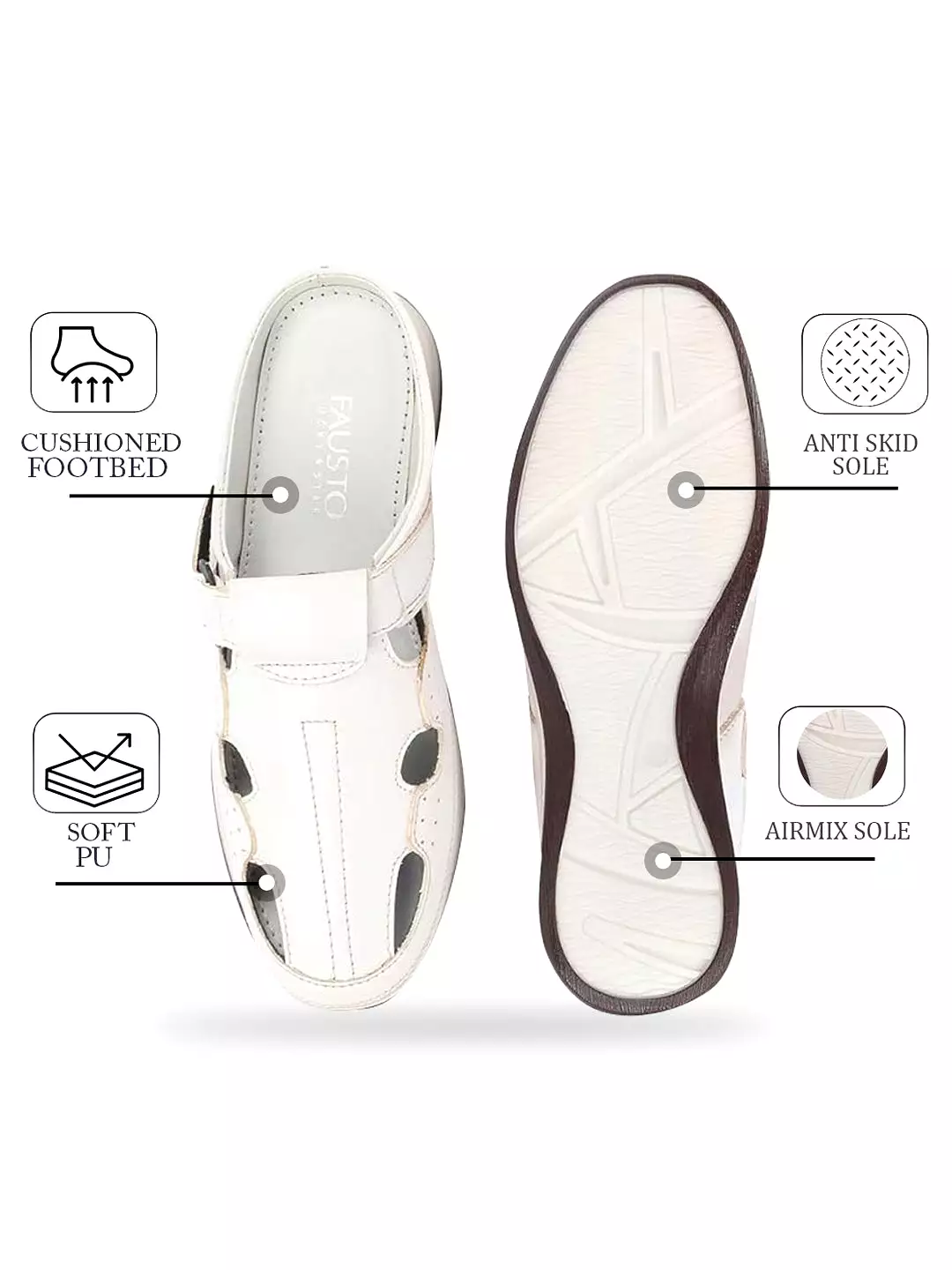 Men White Casual Back Open Perforated Day Long Comfort Slip On Sandals