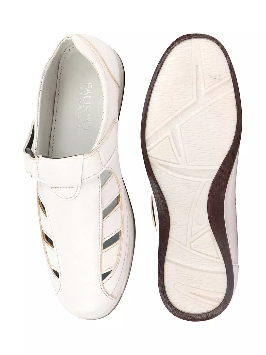 Men White Laser Cut Design Day Long Comfort Hook and Loop Casual Sandals