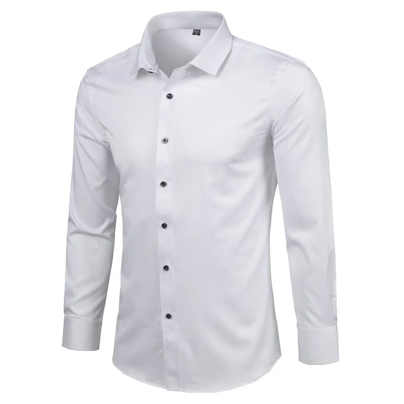 Men's White Bamboo Fiber Casual Slim Fit Non Iron Long Sleeve Shirt