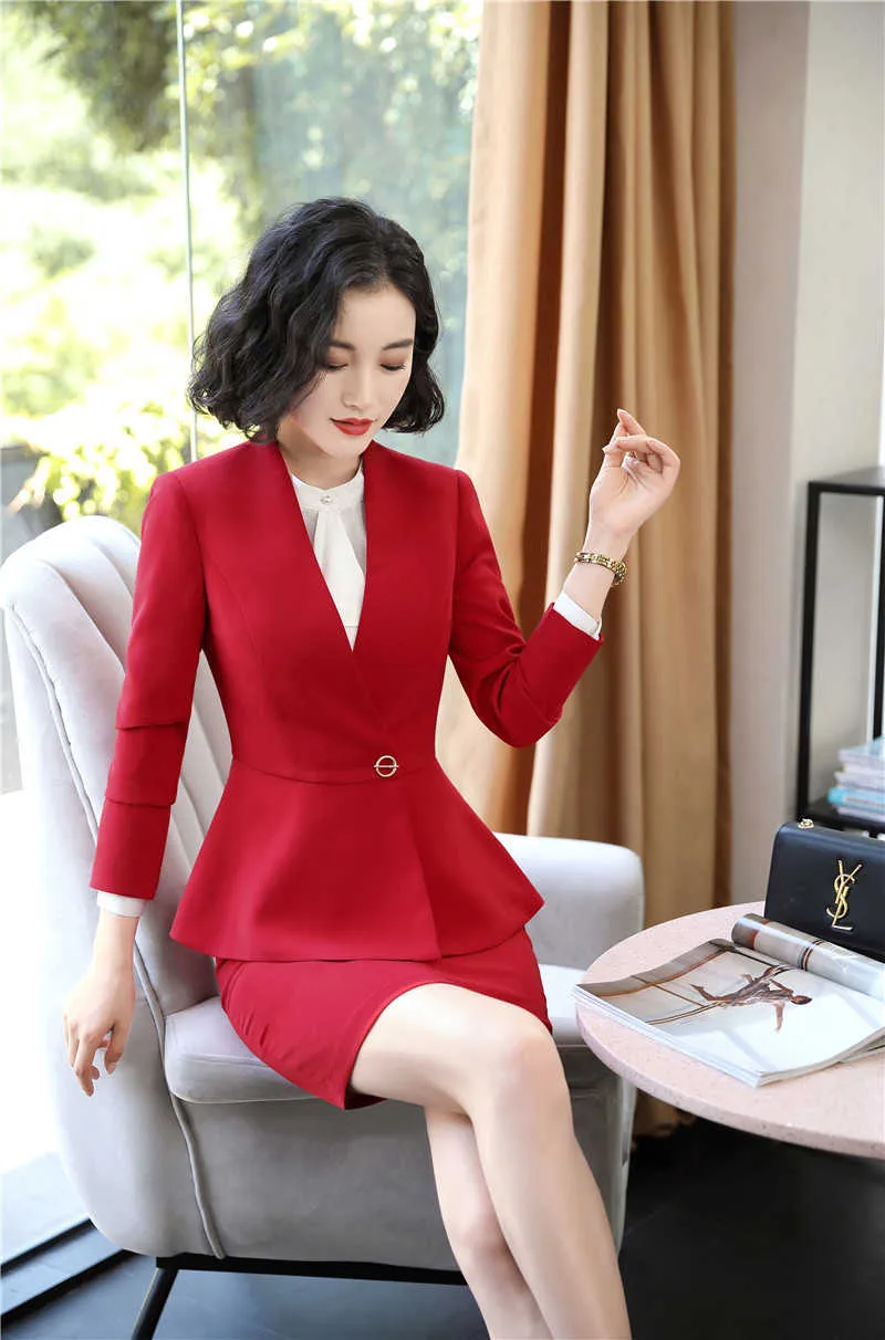 Red Slim Fashion Professional Business Suits with Skirt and Top for Women