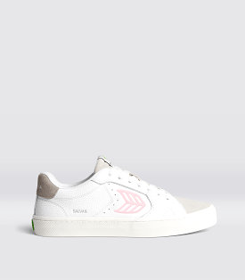 SALVAS White Premium Leather Vintage White Suede Rose Logo Sneaker Women