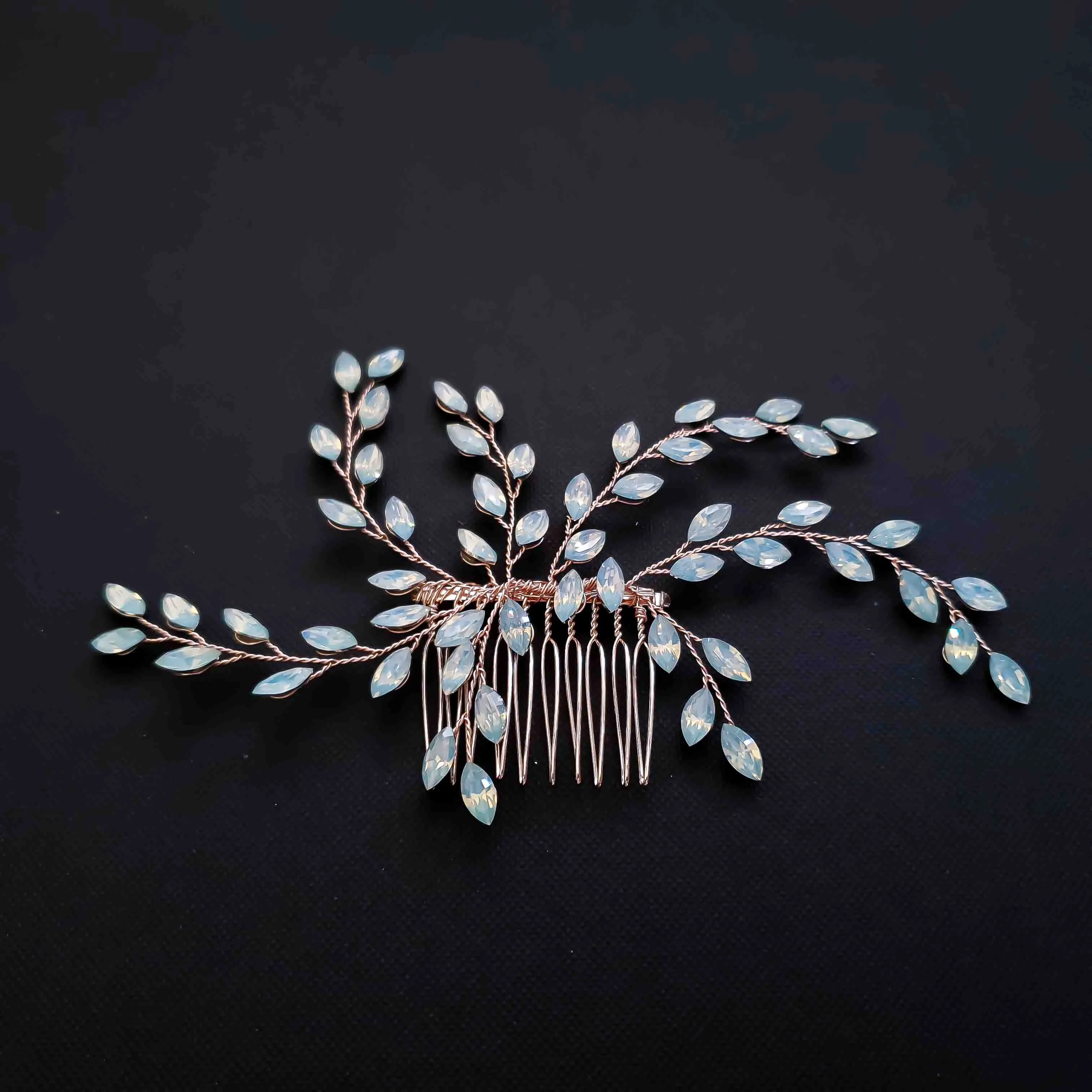 Simple Rose Gold Hair Comb with Blue Opal Crystals-Laura