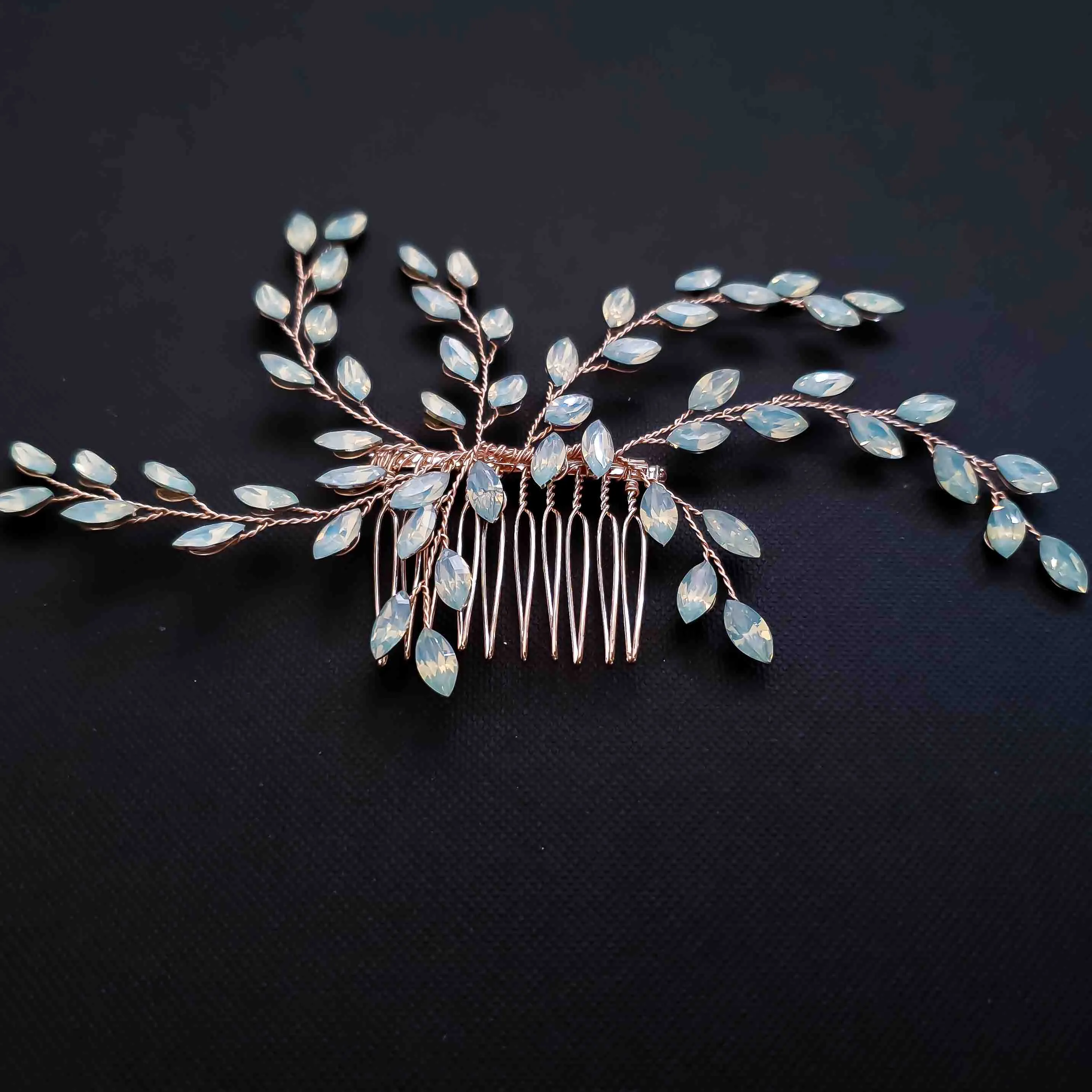 Simple Rose Gold Hair Comb with Blue Opal Crystals-Laura