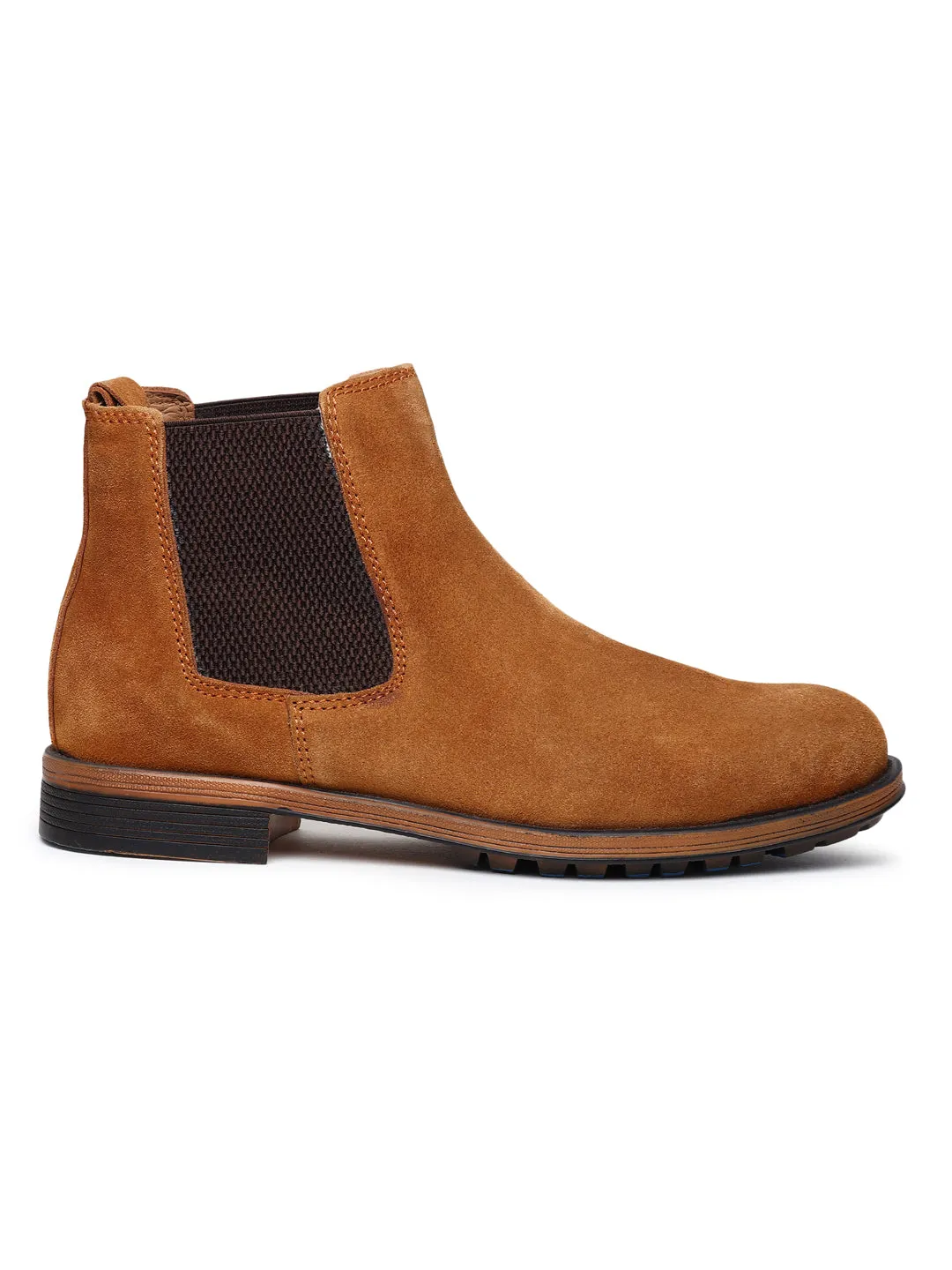 Teakwood Men Tan Solid Round Toe Suede Mid-Top Chalsea Boot