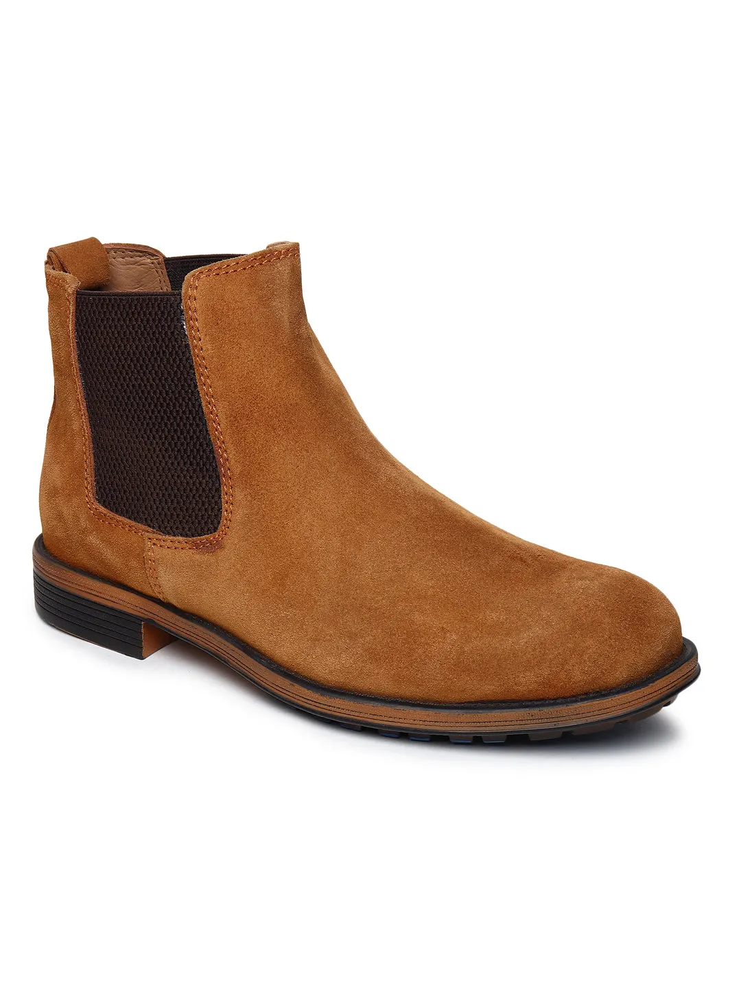 Teakwood Men Tan Solid Round Toe Suede Mid-Top Chalsea Boot