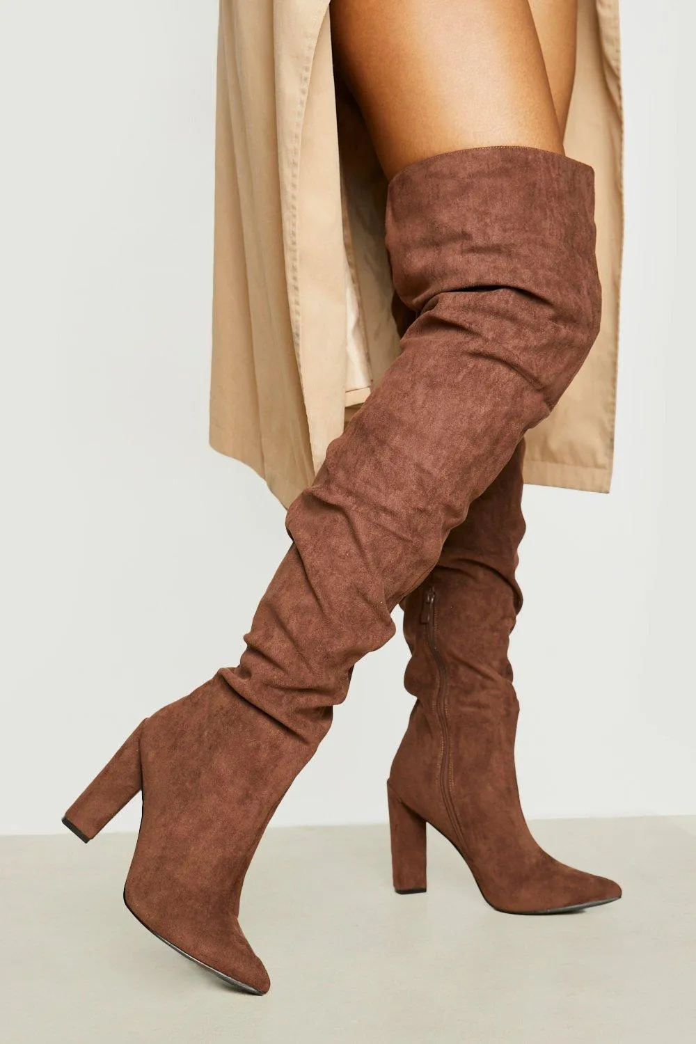 Thigh High Block Heel Pointed Boot