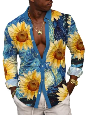 Van Gogh Sunflower Print Casual Long Sleeve Shirt