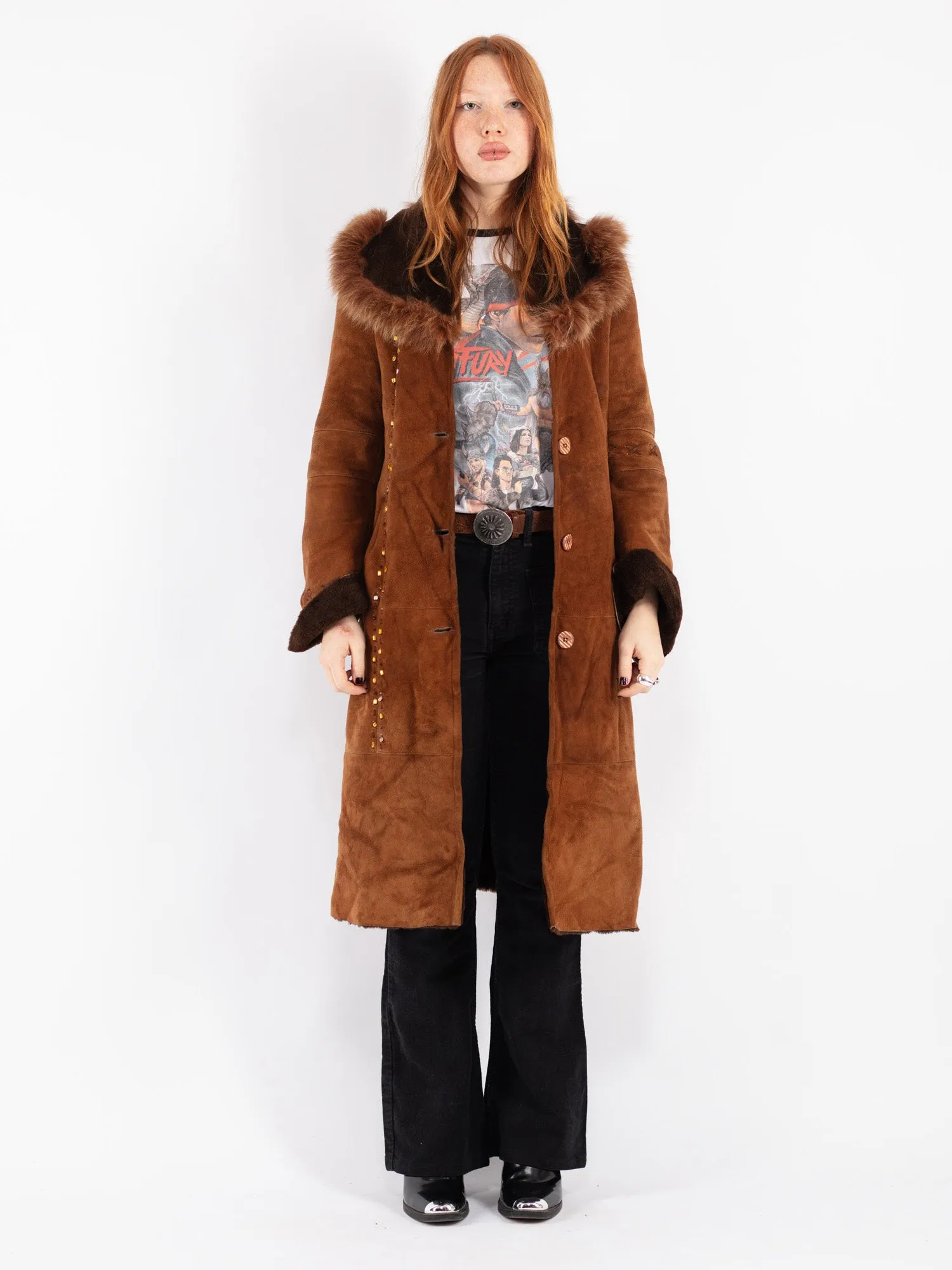 Vintage 00's Women Sheepskin Long Coat in Brown