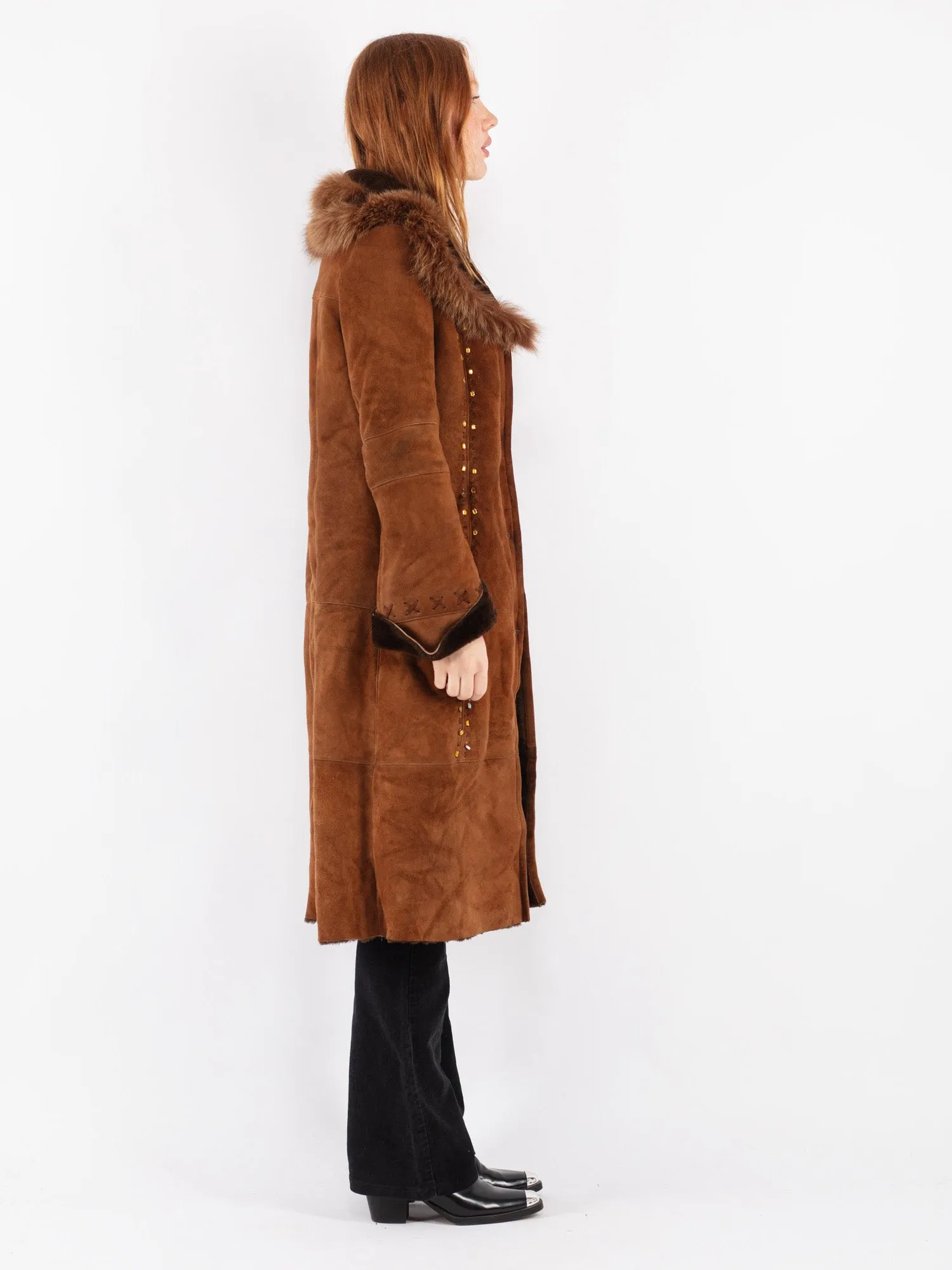 Vintage 00's Women Sheepskin Long Coat in Brown