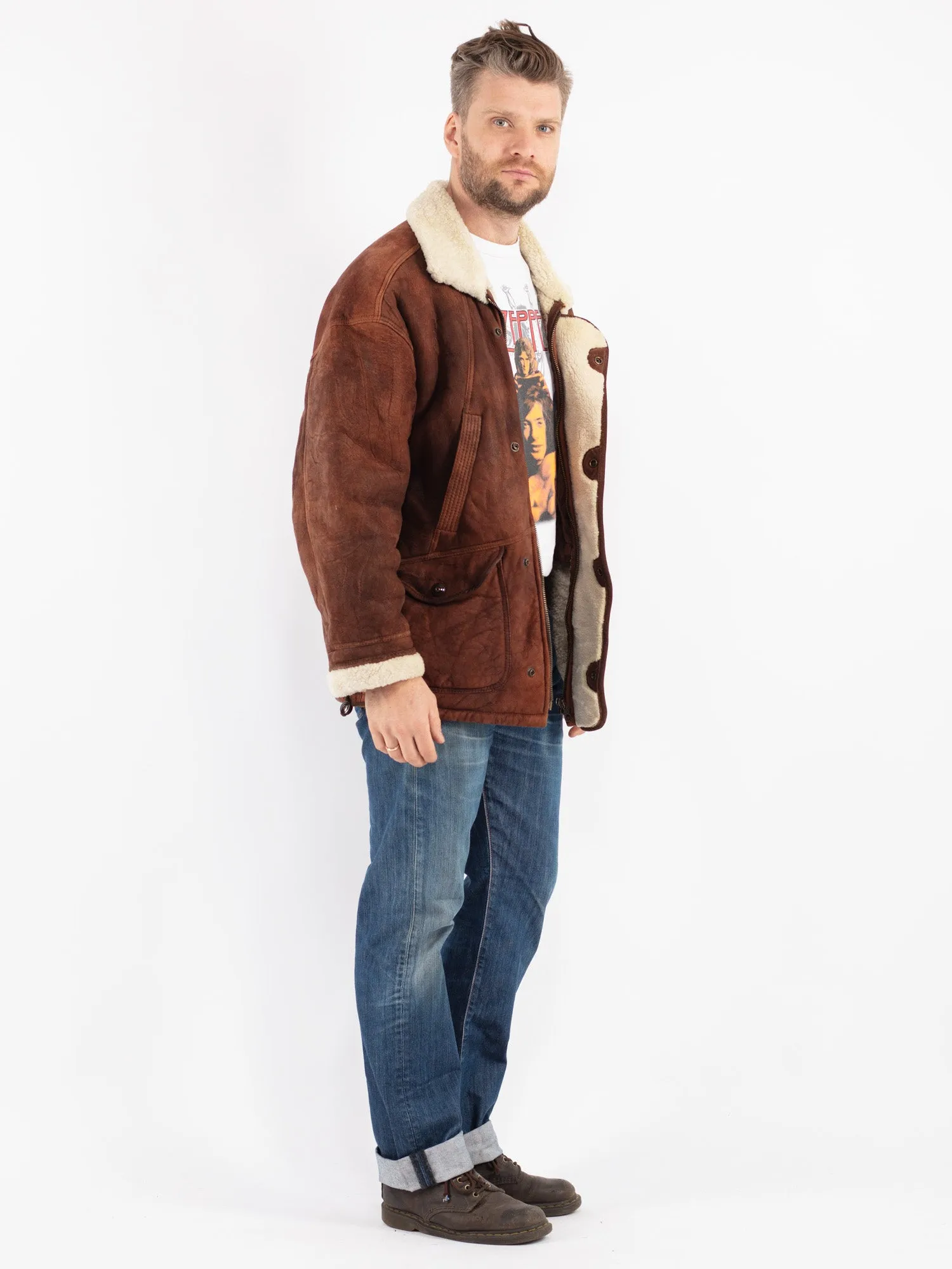 Vintage 70's Men Sheepskin Shearling Coat in Brown