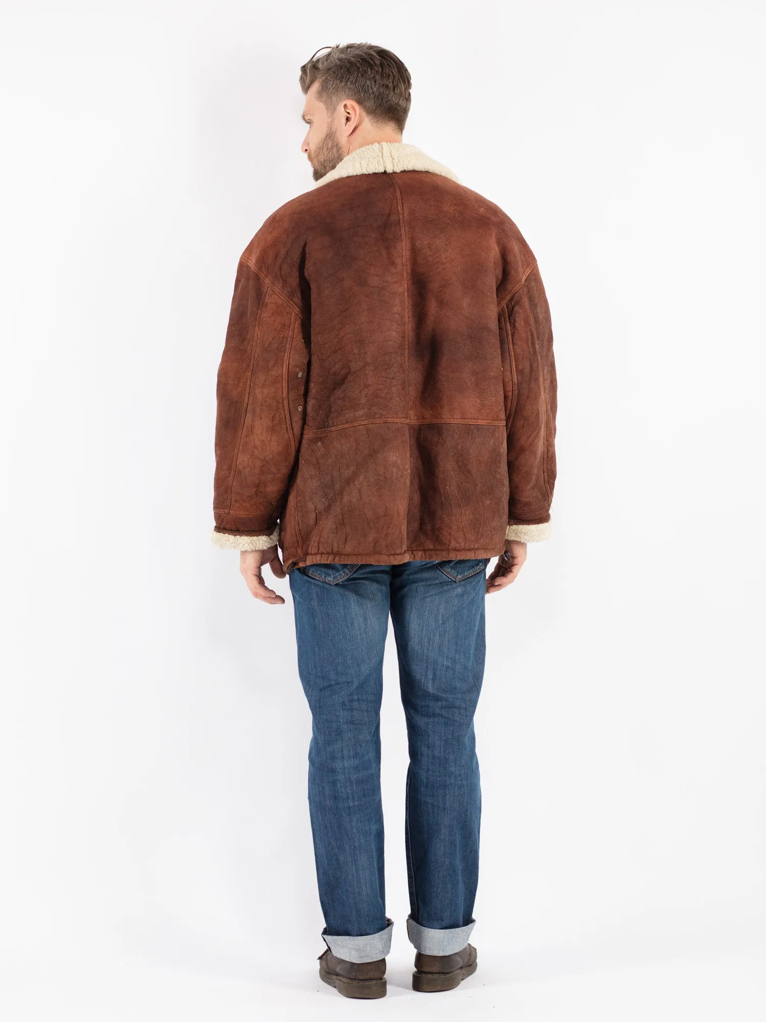 Vintage 70's Men Sheepskin Shearling Coat in Brown