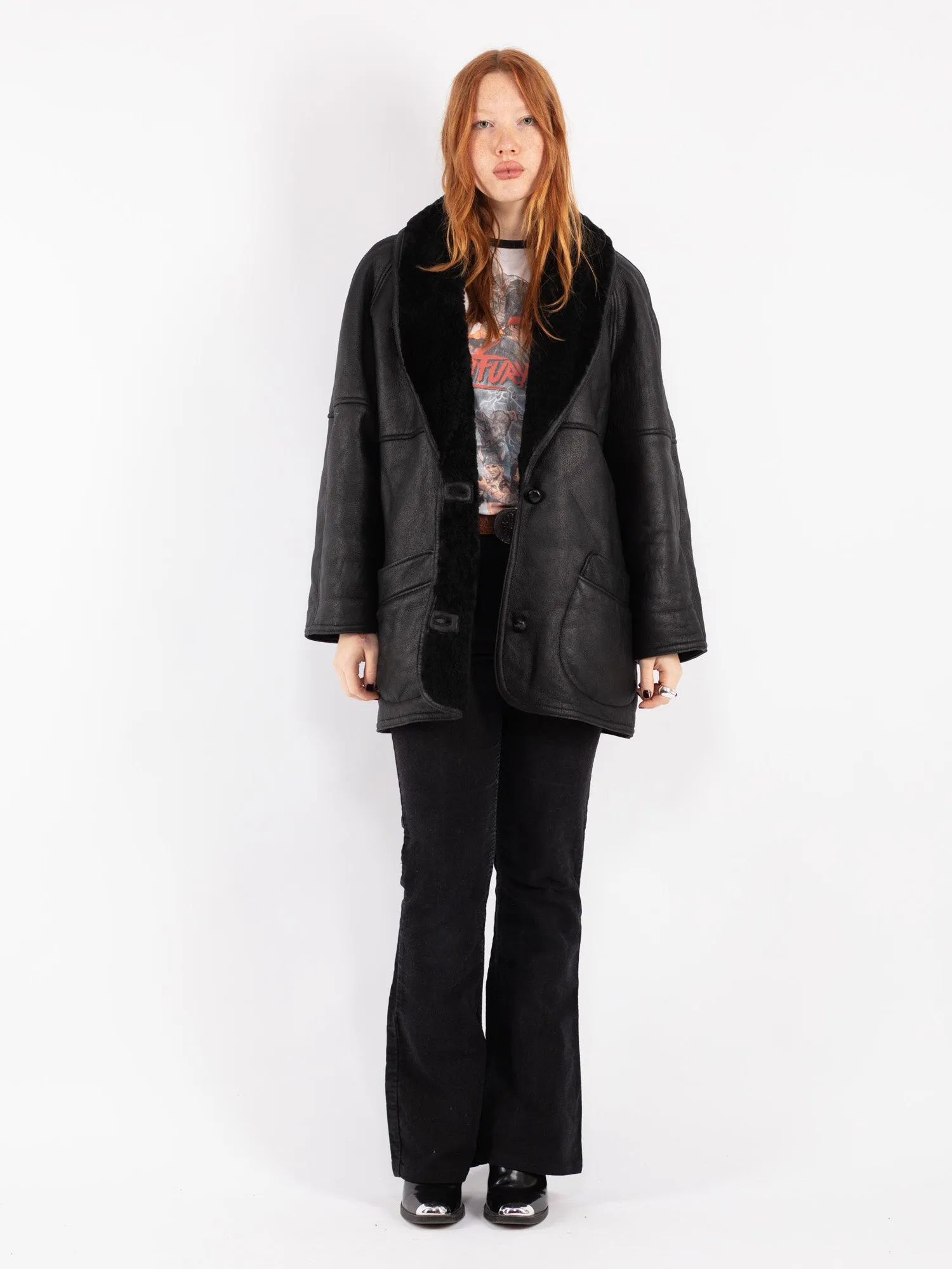 Vintage 70's Women Sheepskin Shearling Coat in Black