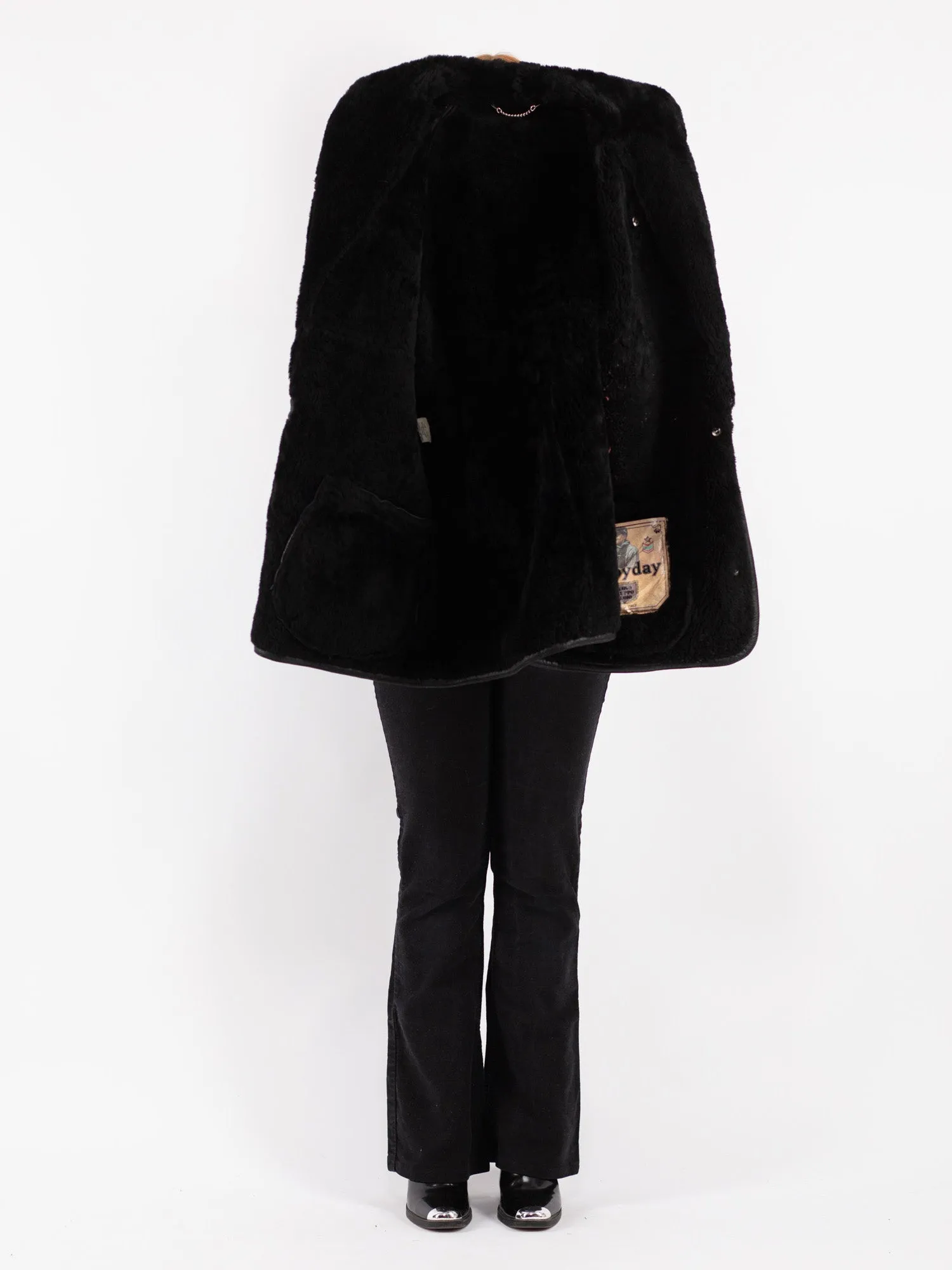 Vintage 70's Women Sheepskin Shearling Coat in Black