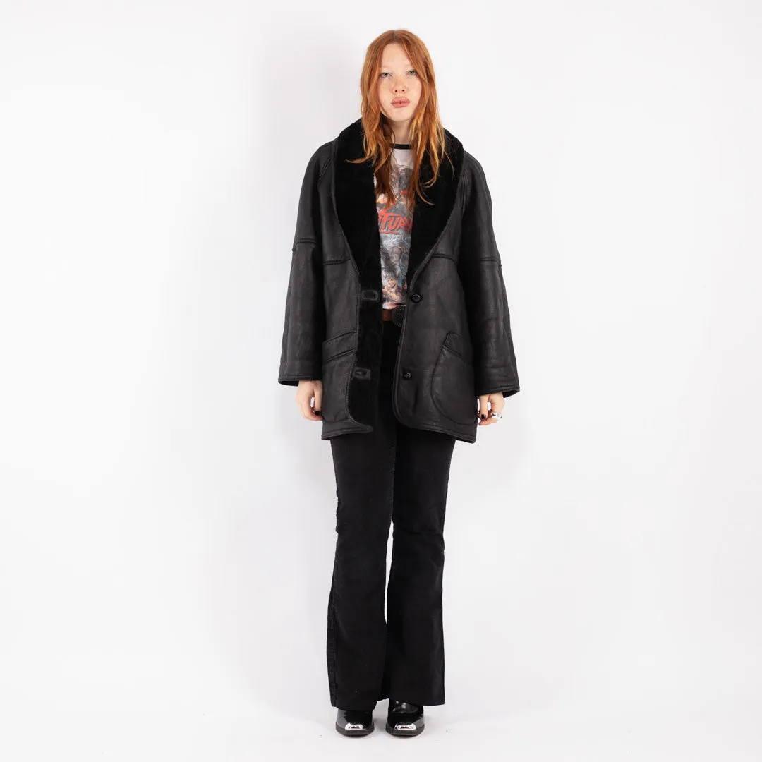 Vintage 70's Women Sheepskin Shearling Coat in Black