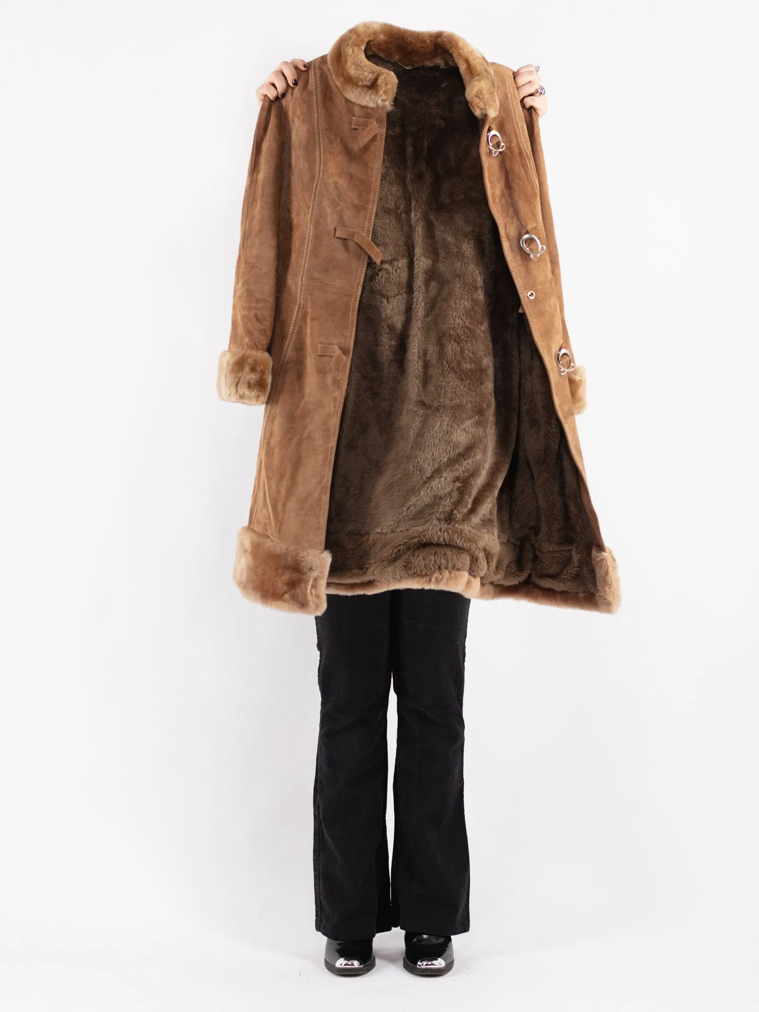 Vintage 70's Women Suede Sherpa Coat in Beige