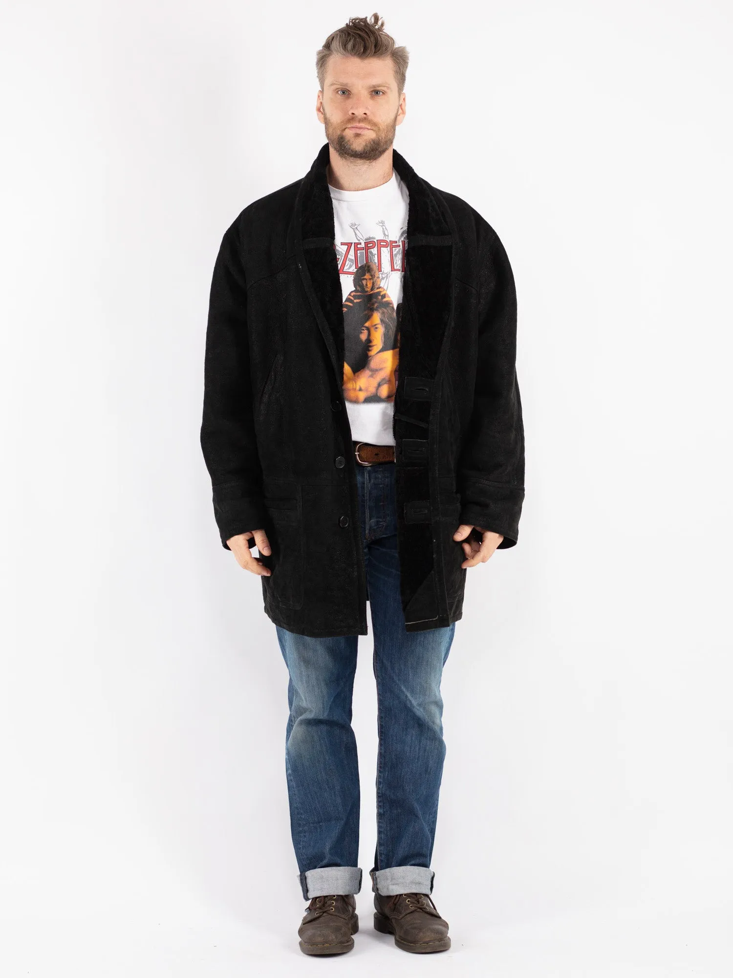 Vintage 80's Men Sheepskin Coat in Black