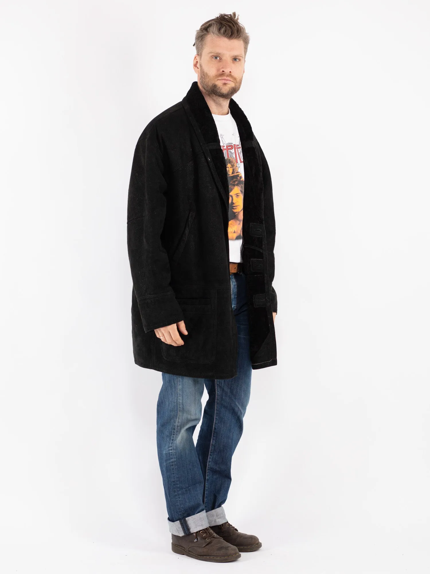 Vintage 80's Men Sheepskin Coat in Black