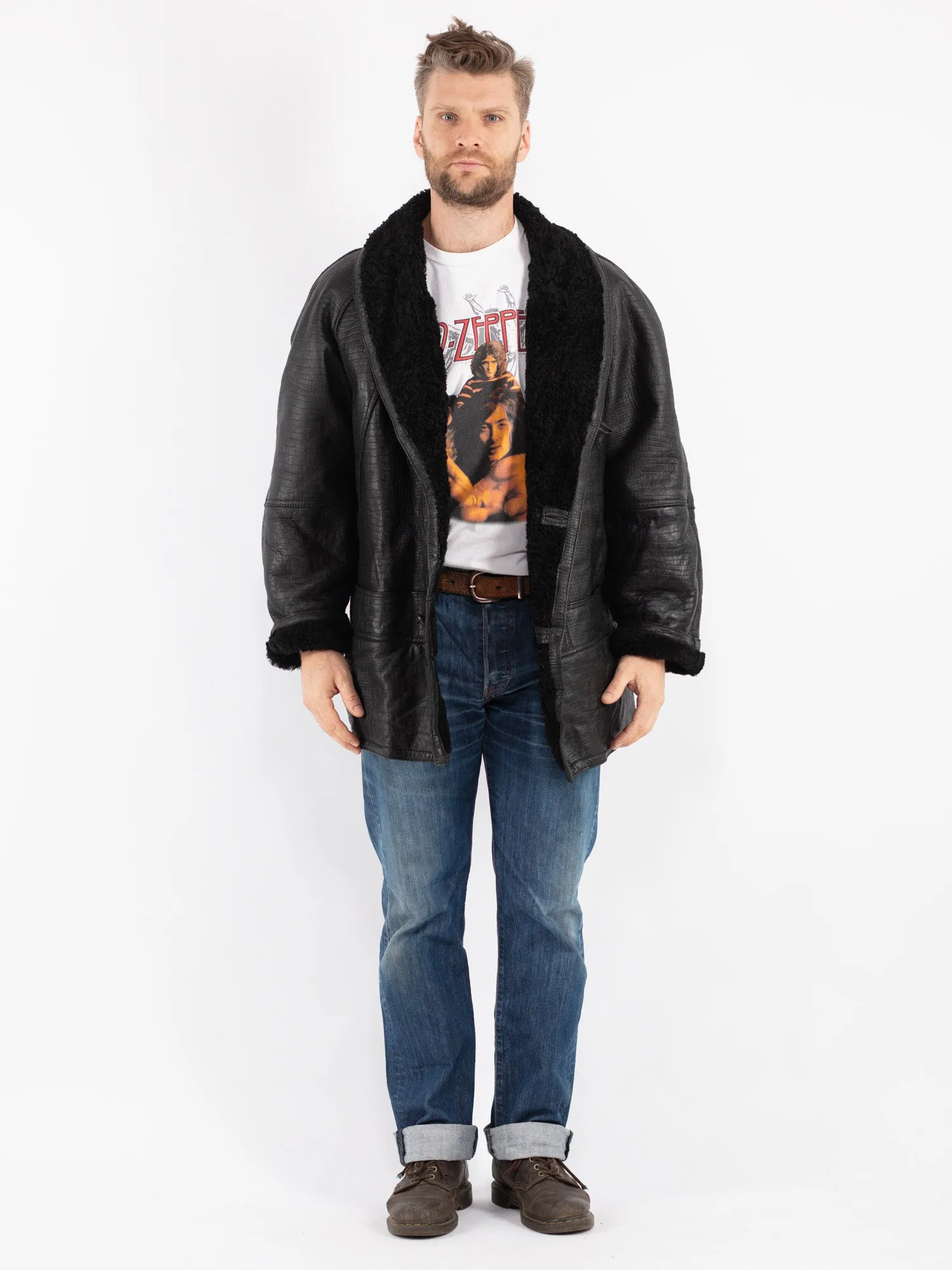 Vintage 80's Men Sheepskin Shearling Coat in Black