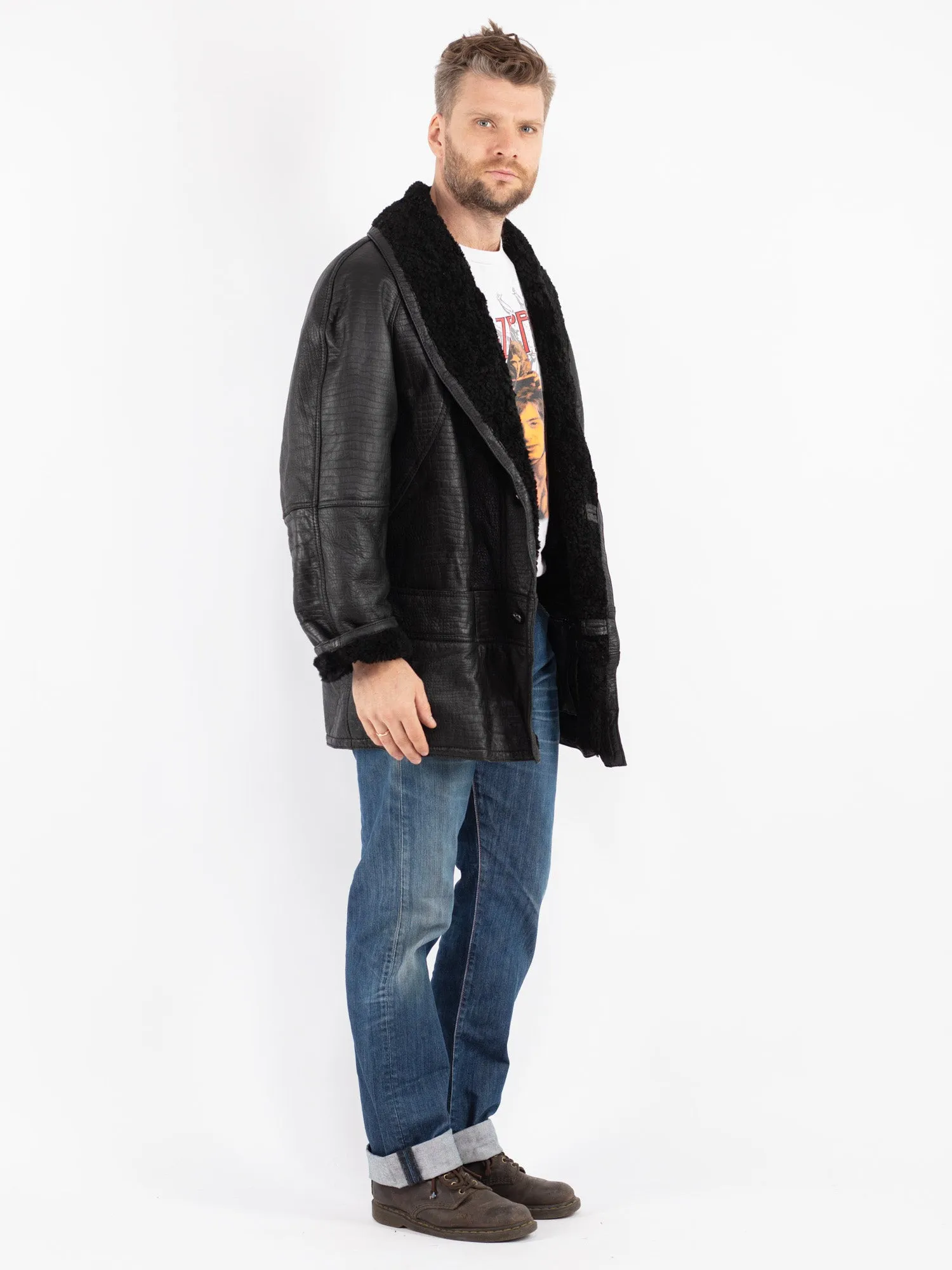 Vintage 80's Men Sheepskin Shearling Coat in Black