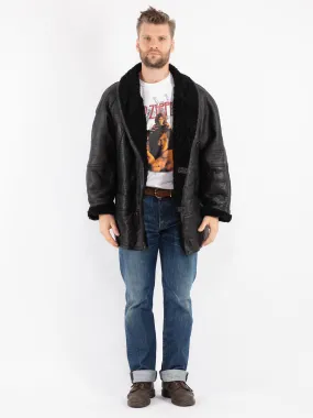 Vintage 80's Men Sheepskin Shearling Coat in Black