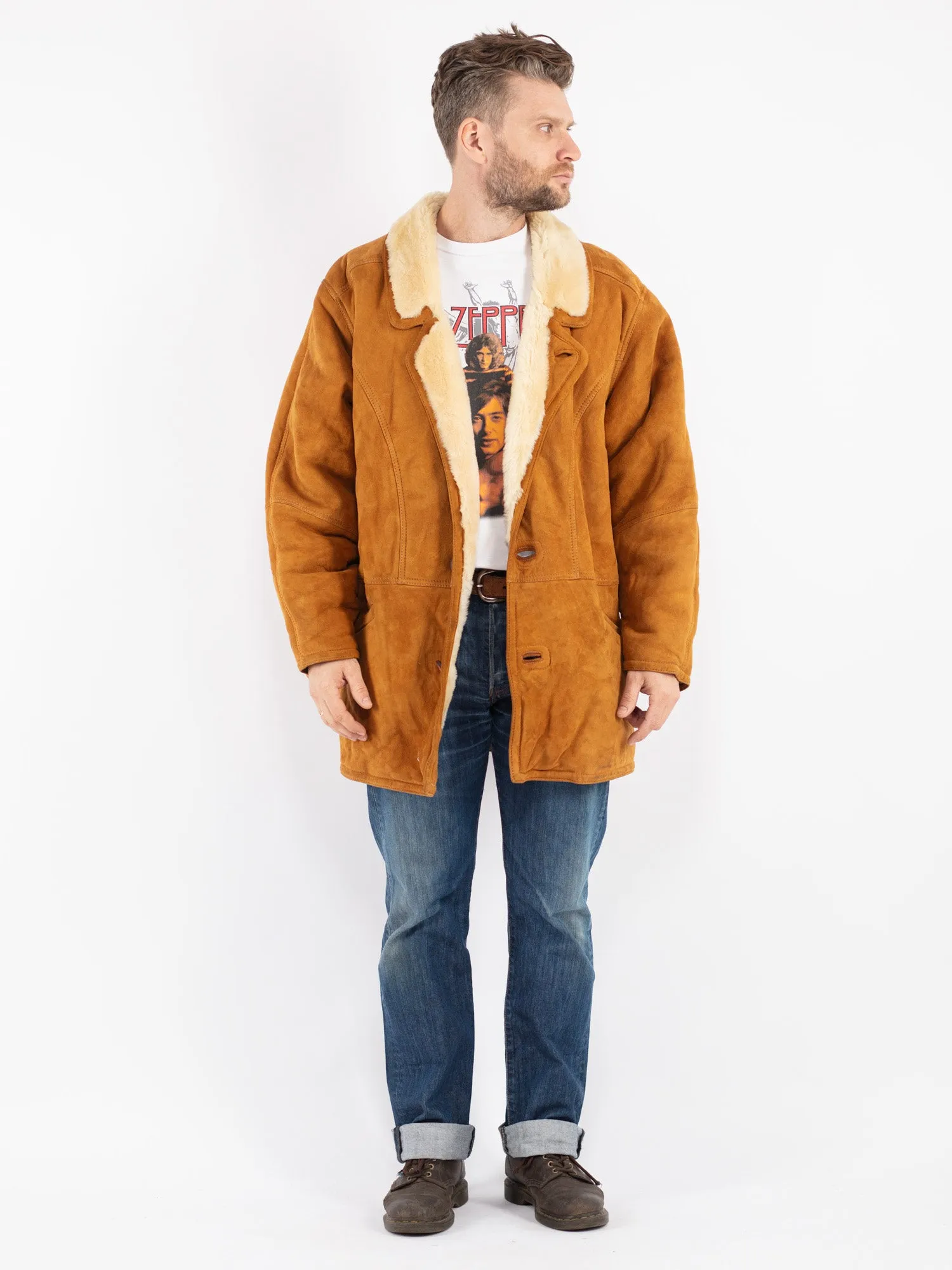 Vintage 80's Men Sheepskin Shearling Coat in Brown