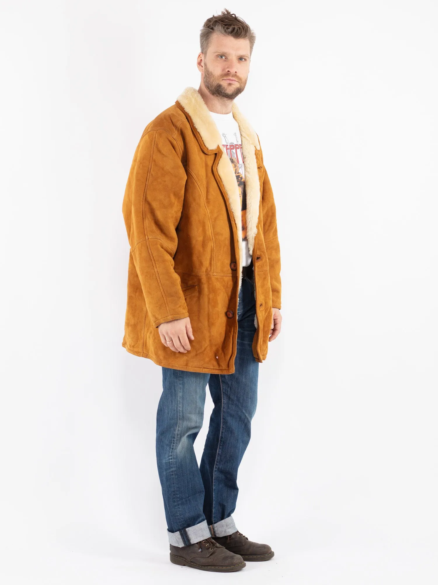 Vintage 80's Men Sheepskin Shearling Coat in Brown