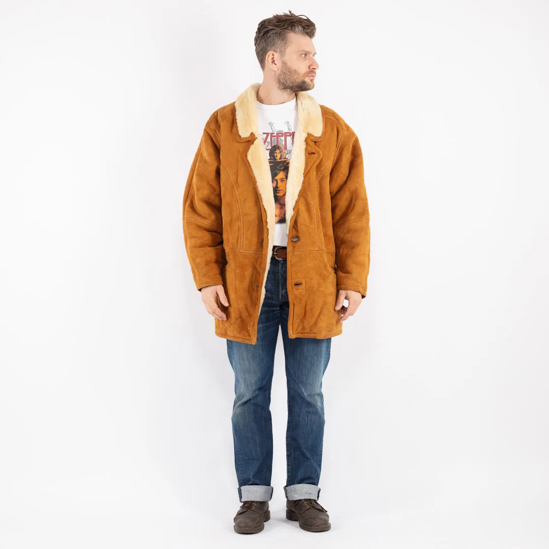 Vintage 80's Men Sheepskin Shearling Coat in Brown