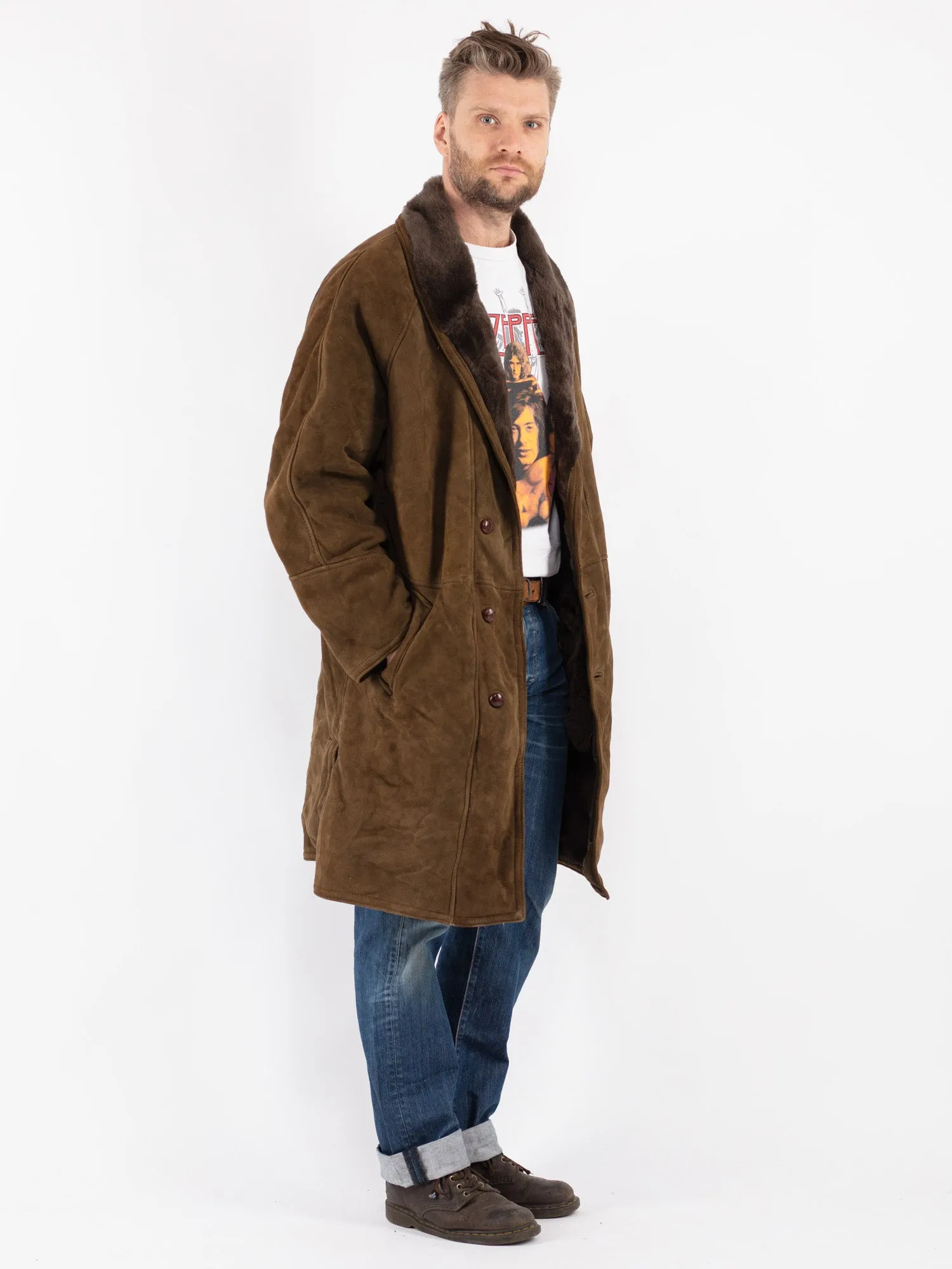 Vintage 80's Men Sheepskin Shearling Coat in Green