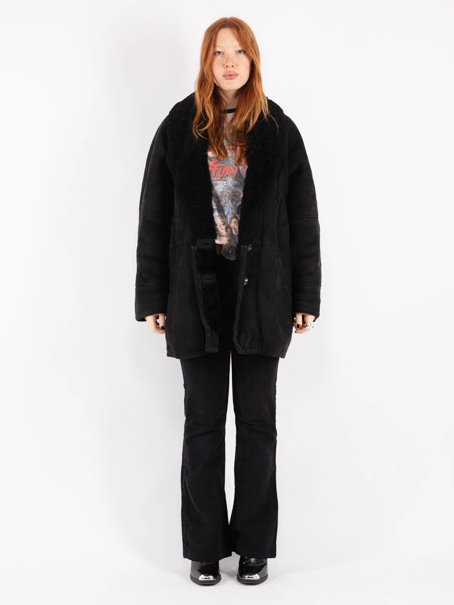 Vintage 80's Women Sheepskin Shearling Coat in Black