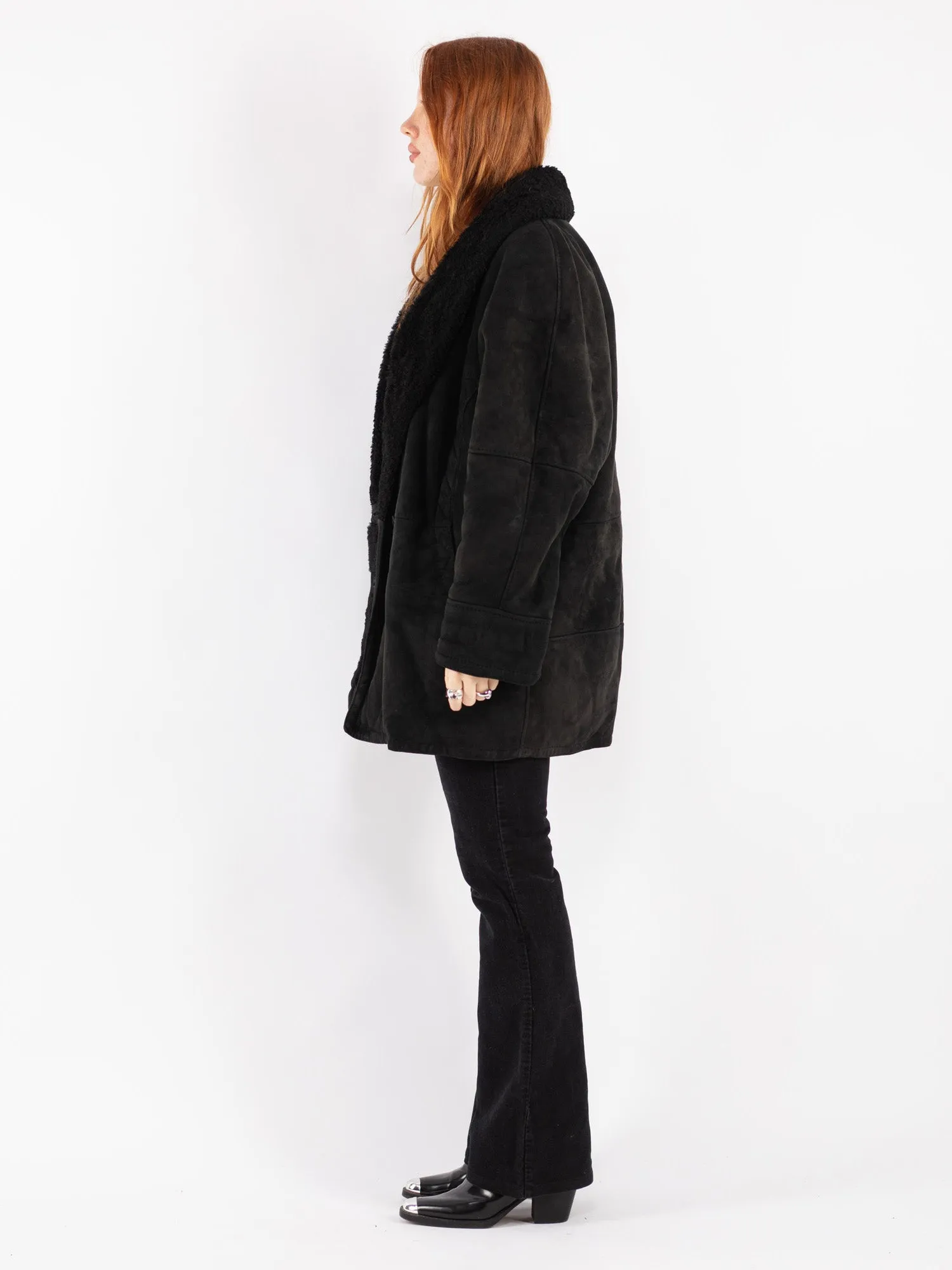 Vintage 80's Women Sheepskin Shearling Coat in Black