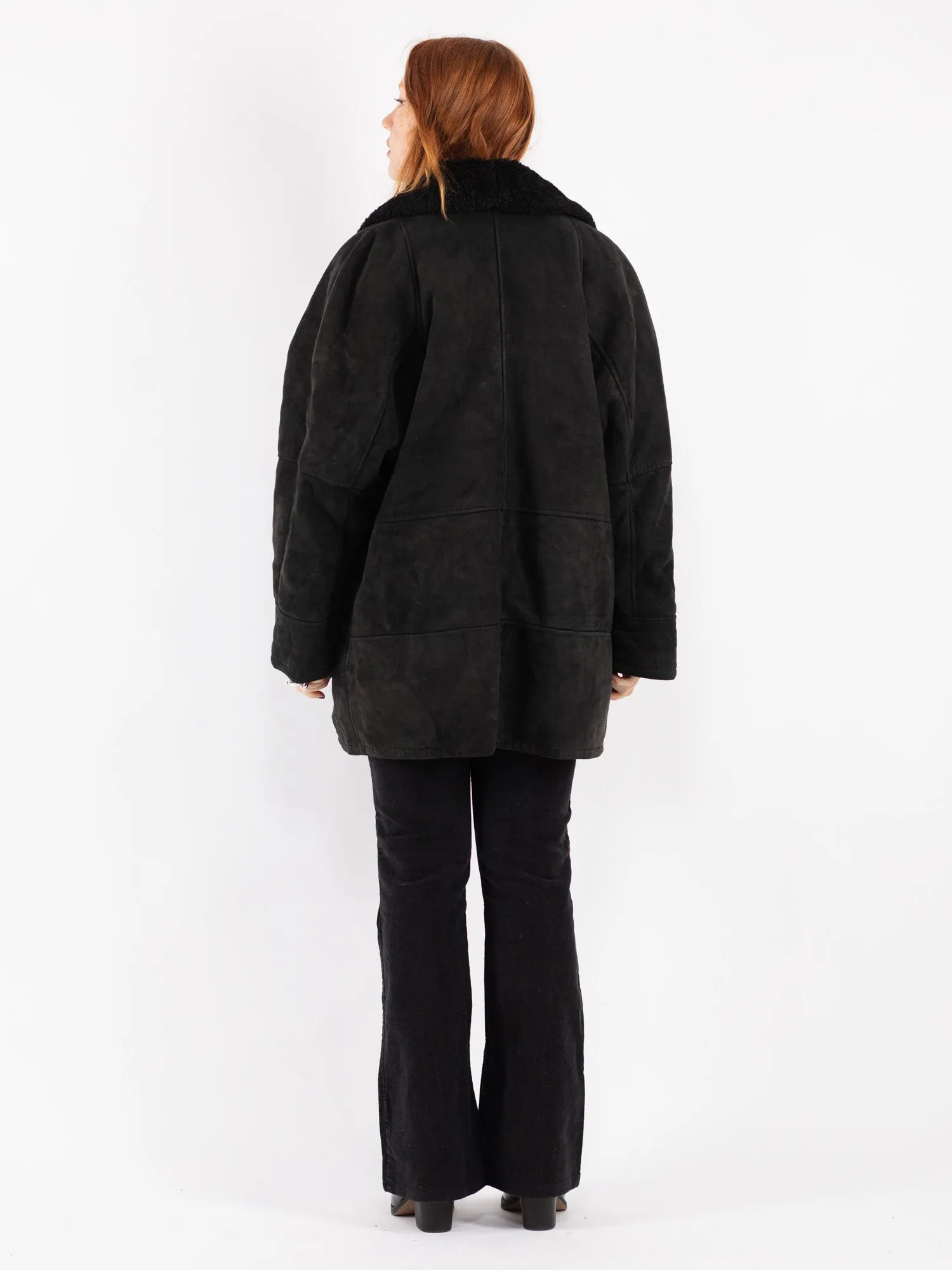 Vintage 80's Women Sheepskin Shearling Coat in Black