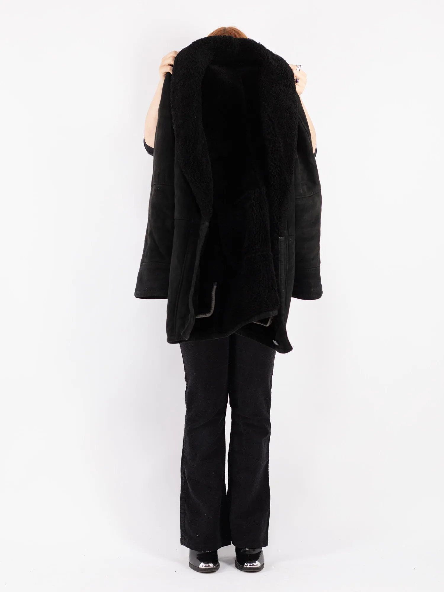 Vintage 80's Women Sheepskin Shearling Coat in Black