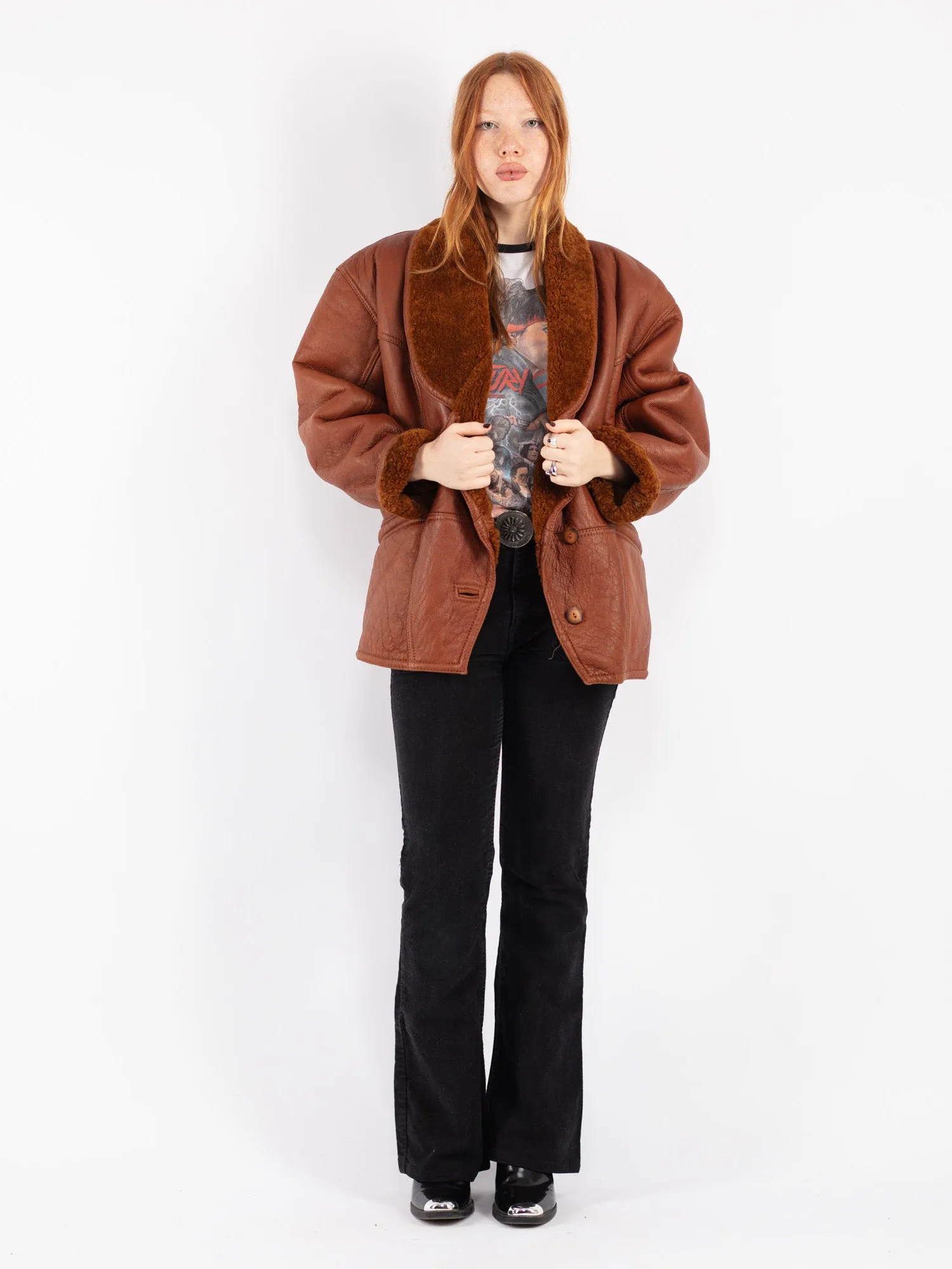 Vintage 80's Women Sheepskin Shearling Coat in Brown