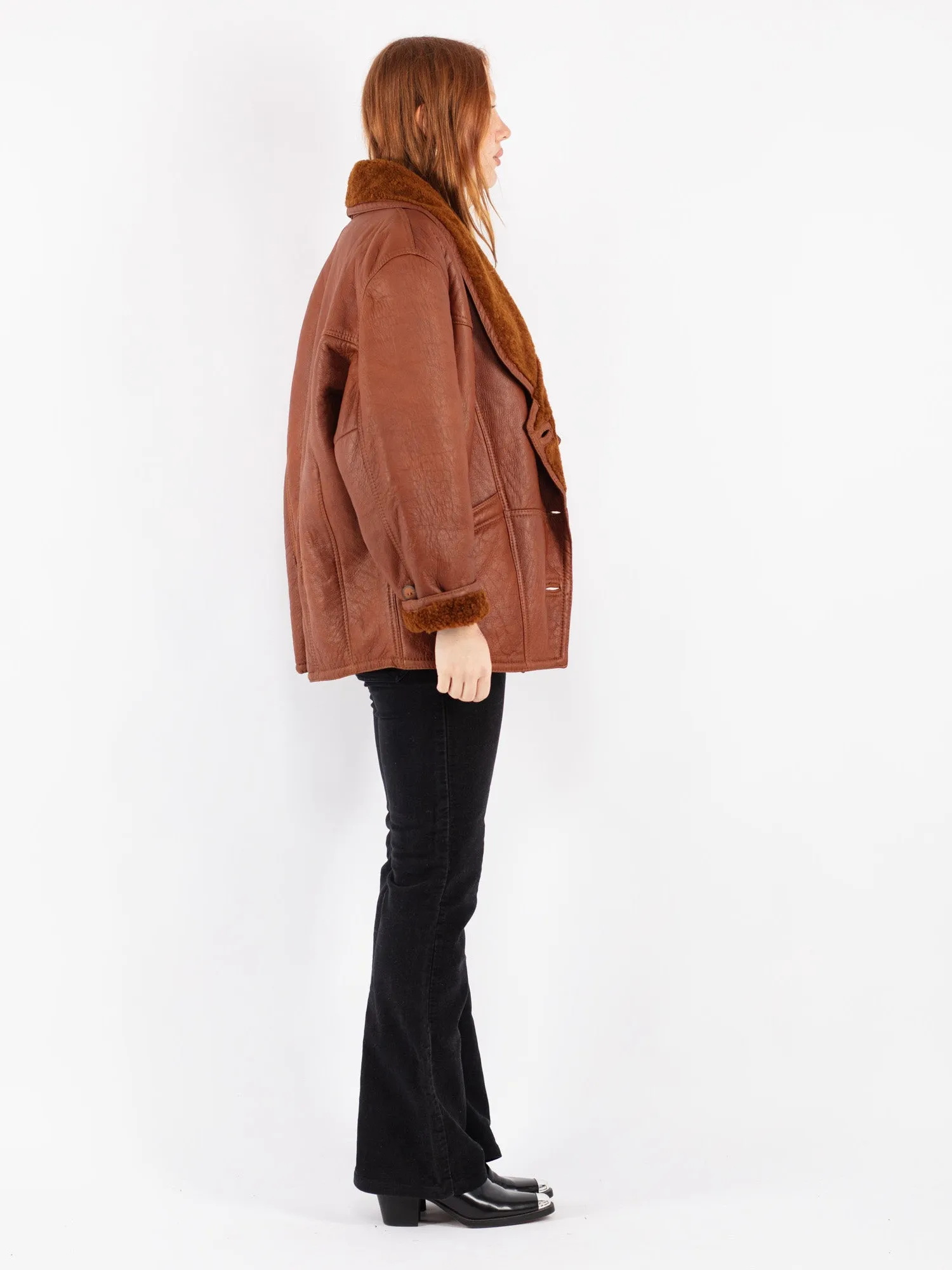 Vintage 80's Women Sheepskin Shearling Coat in Brown