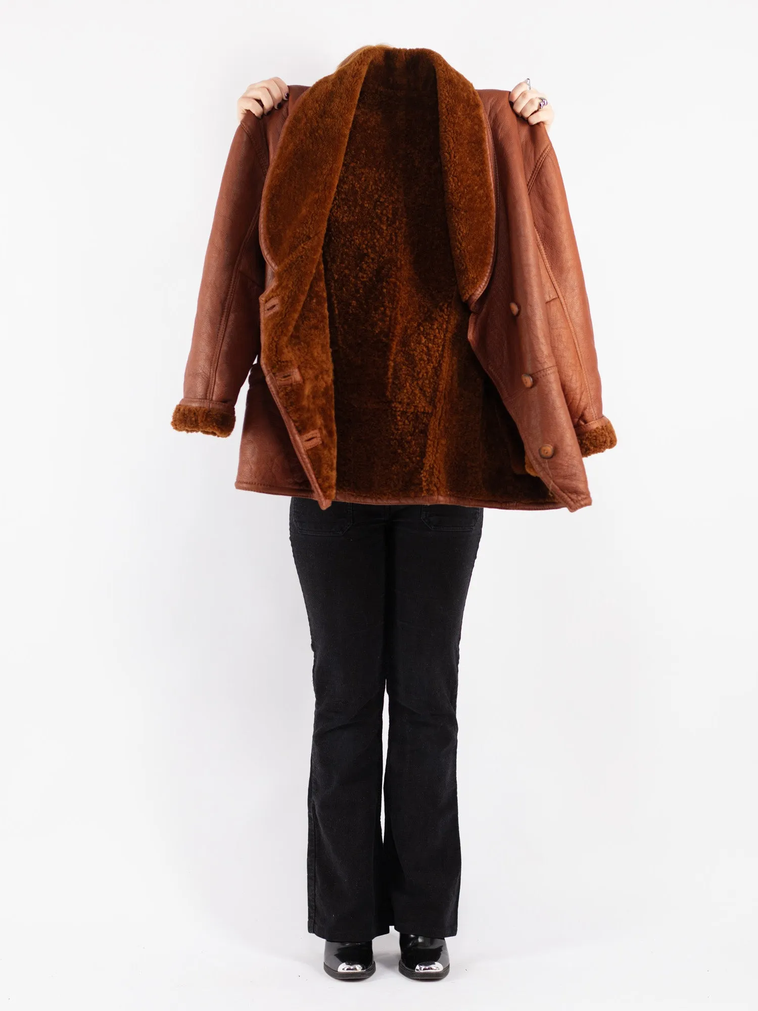 Vintage 80's Women Sheepskin Shearling Coat in Brown