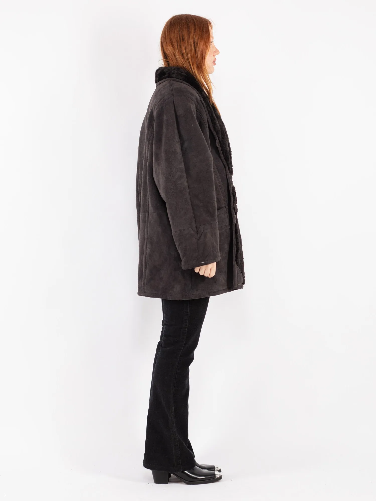 Vintage 80's Women Sheepskin Shearling Coat in Gray