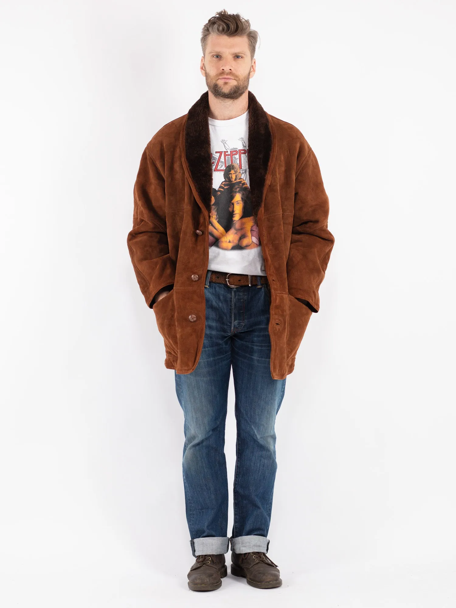 Vintage 90's Men Sheepskin Shearling Coat in Brown